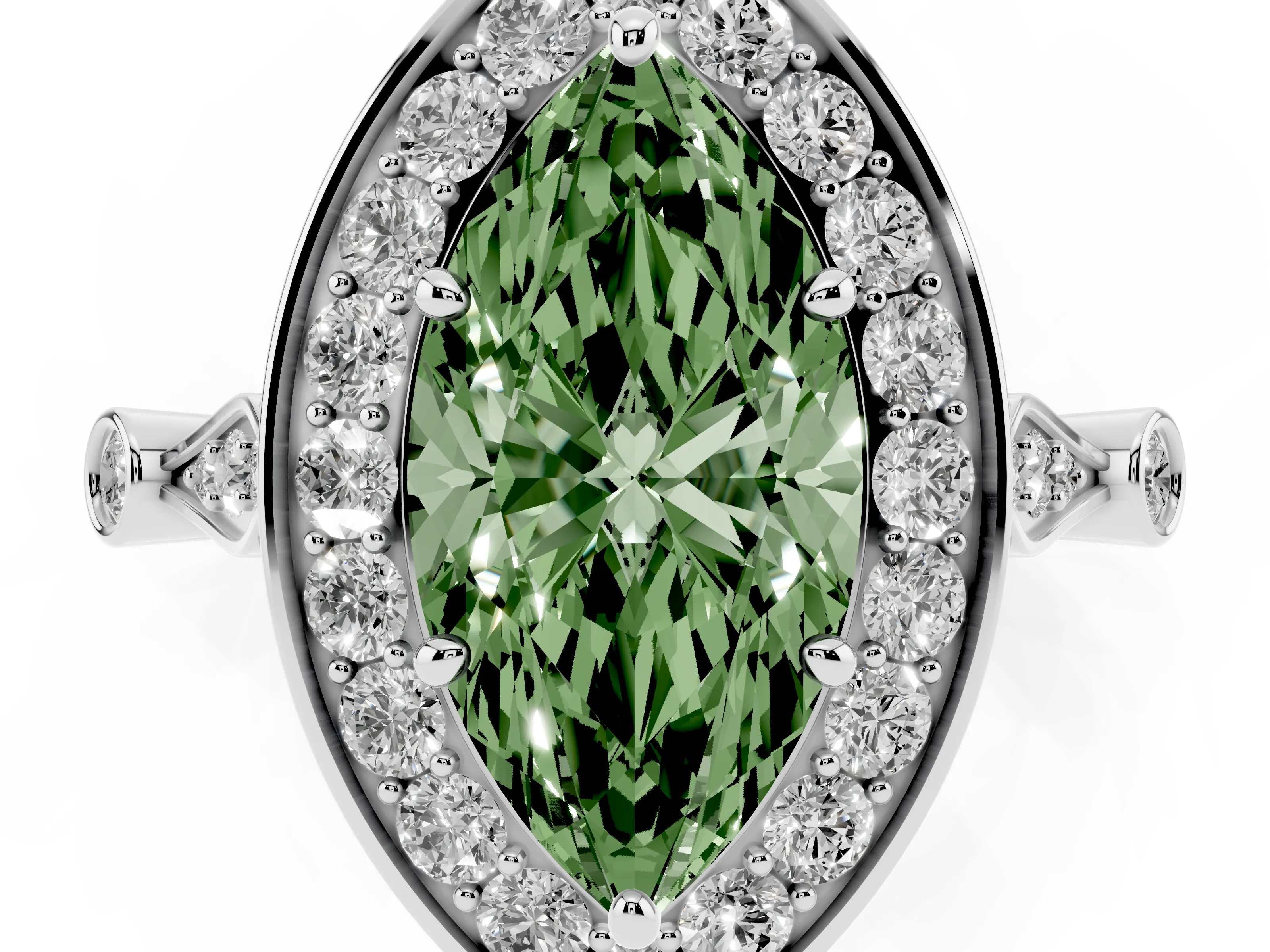 Fancy Green Marquise Cut Diamond Halo Engagement Ring Set in Platinum with Twisted Band and Prong Setting