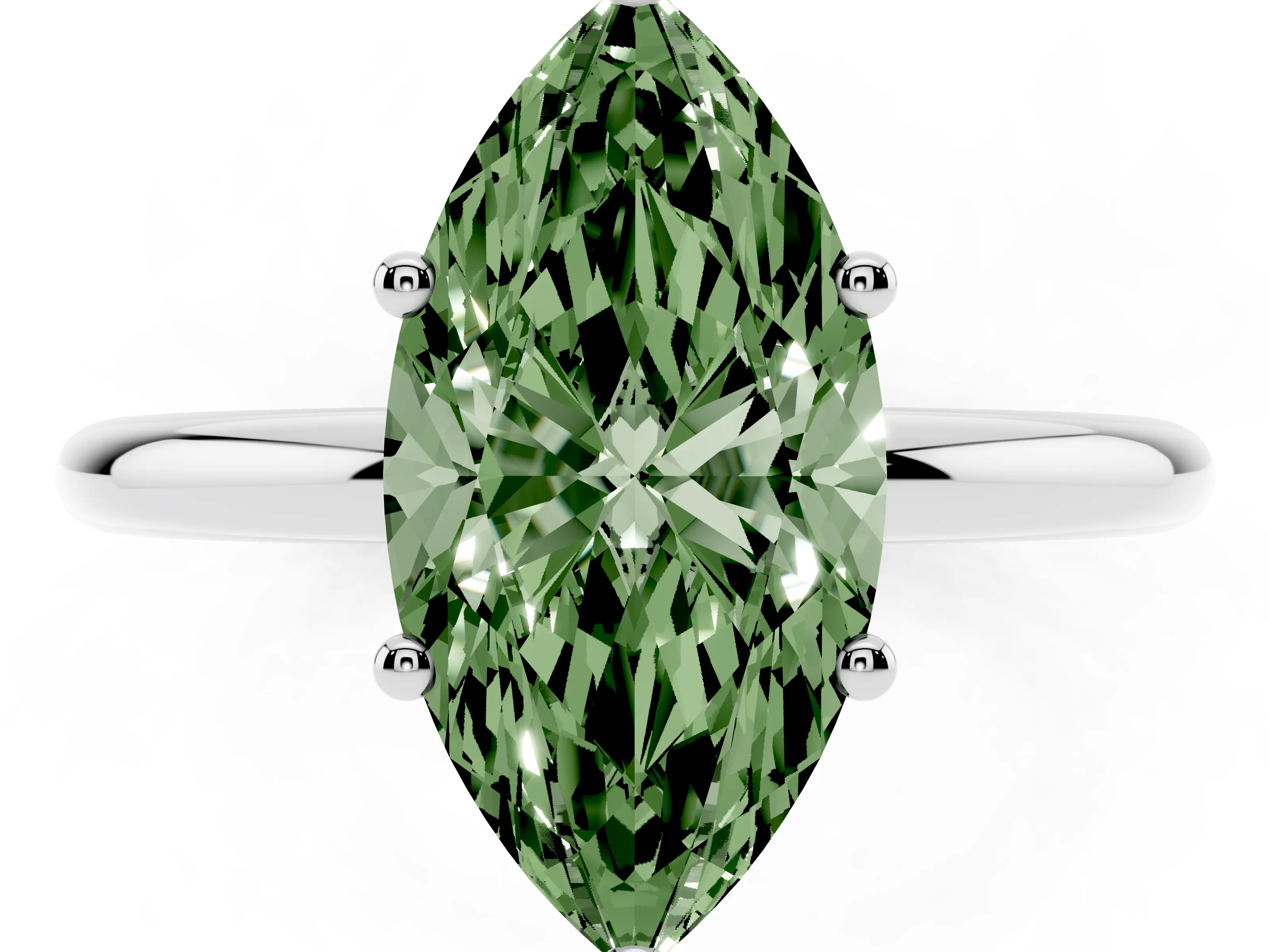 Fancy Green Marquise Cut Diamond Solitaire Engagement Ring Set in Silver with Prong Setting and Polished Band