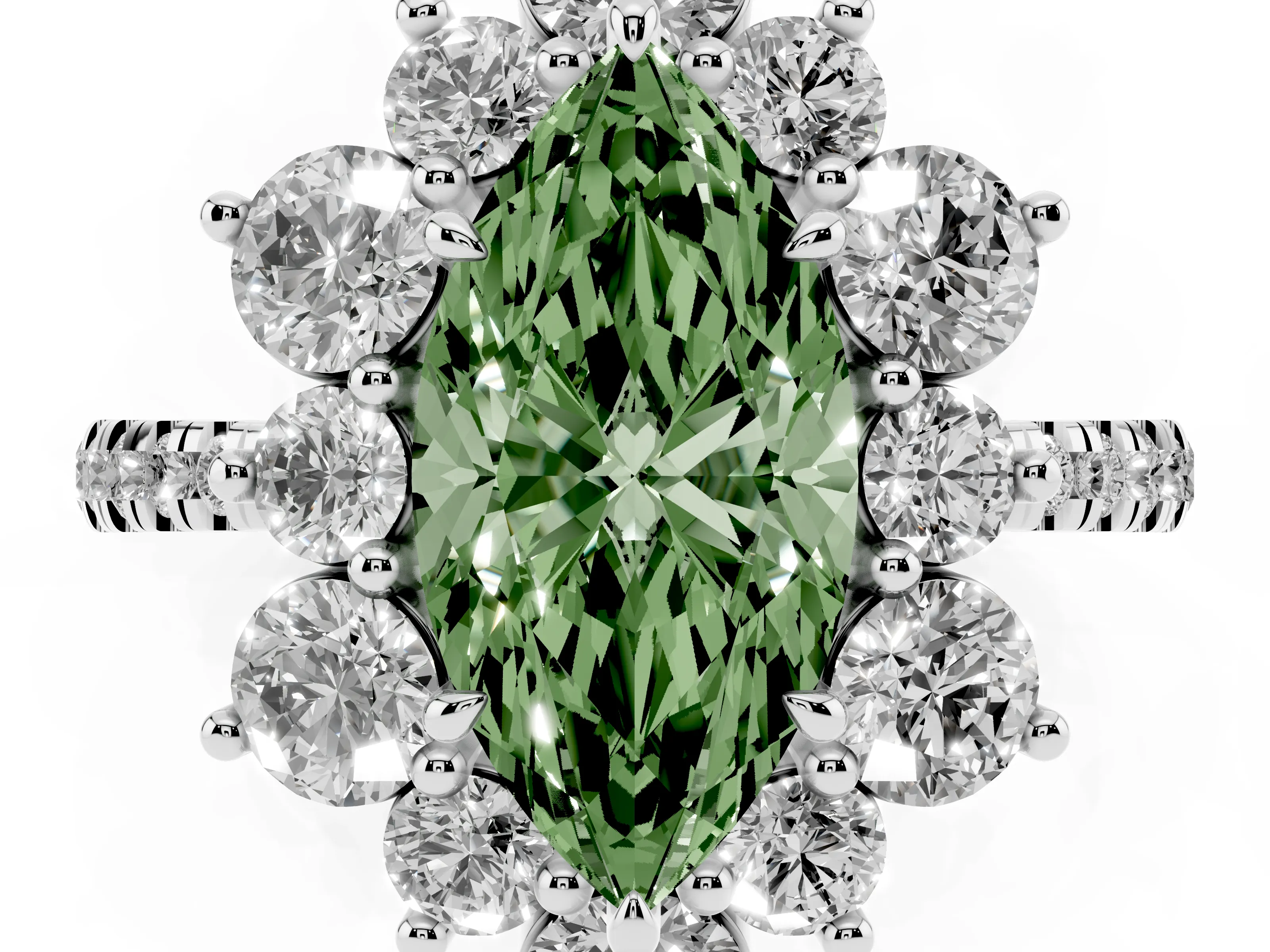 Fancy Green Marquise Cut Diamond Floral Halo Ring Set in White gold with Round Pavé Band and Prong Setting