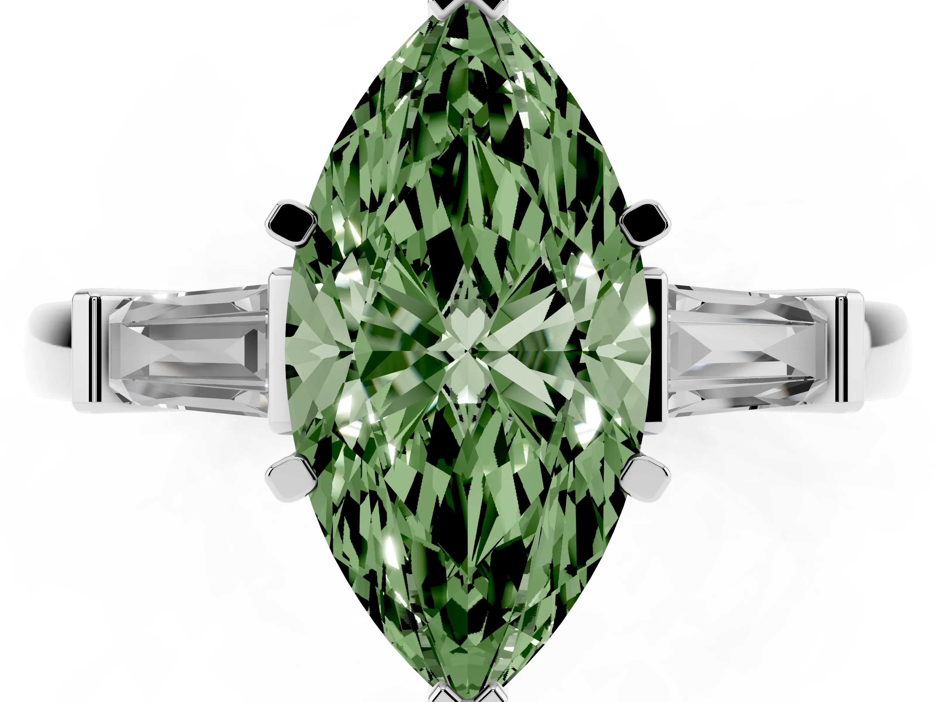 Fancy Green Marquise Cut Diamond Solitaire Ring Set in White gold with Tapered Baguette Accents and Prong Setting