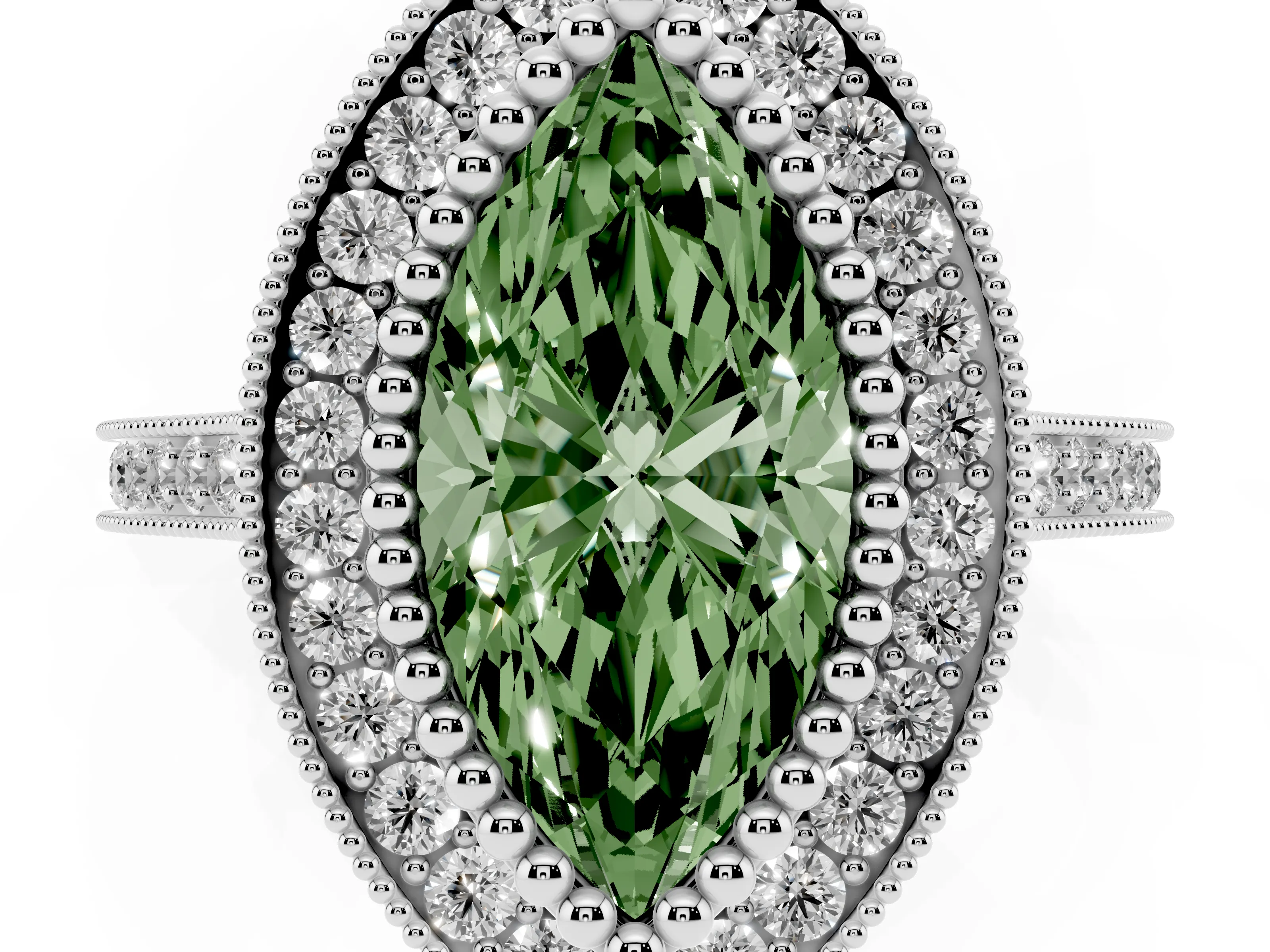 Fancy Green Marquise Cut Diamond Halo Ring Set in Silver with Milgrain Frame and Pavé Band