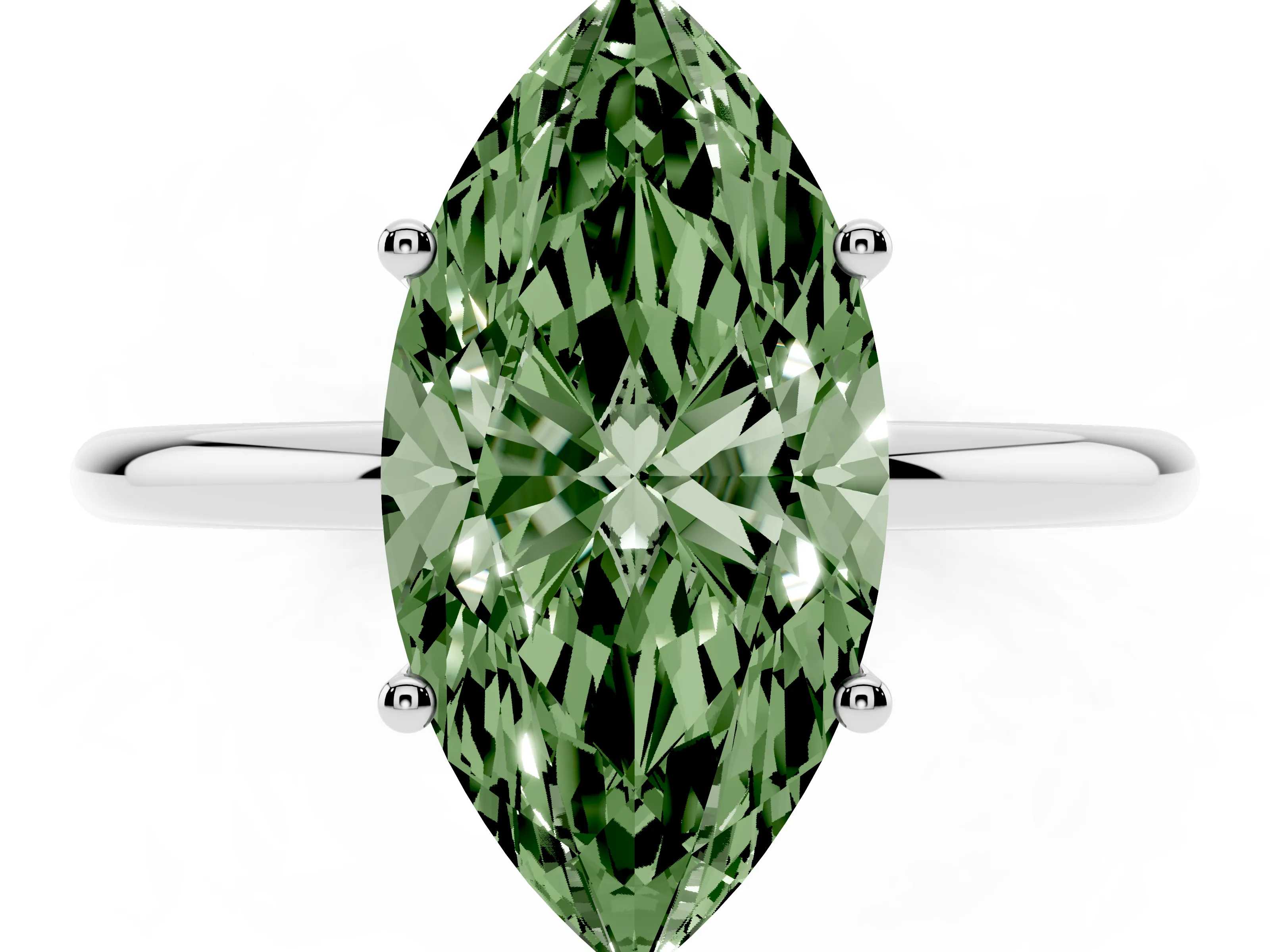 Fancy Green Marquise Cut Diamond Solitaire Engagement Ring Set in White gold with Thin Band and Prong Setting