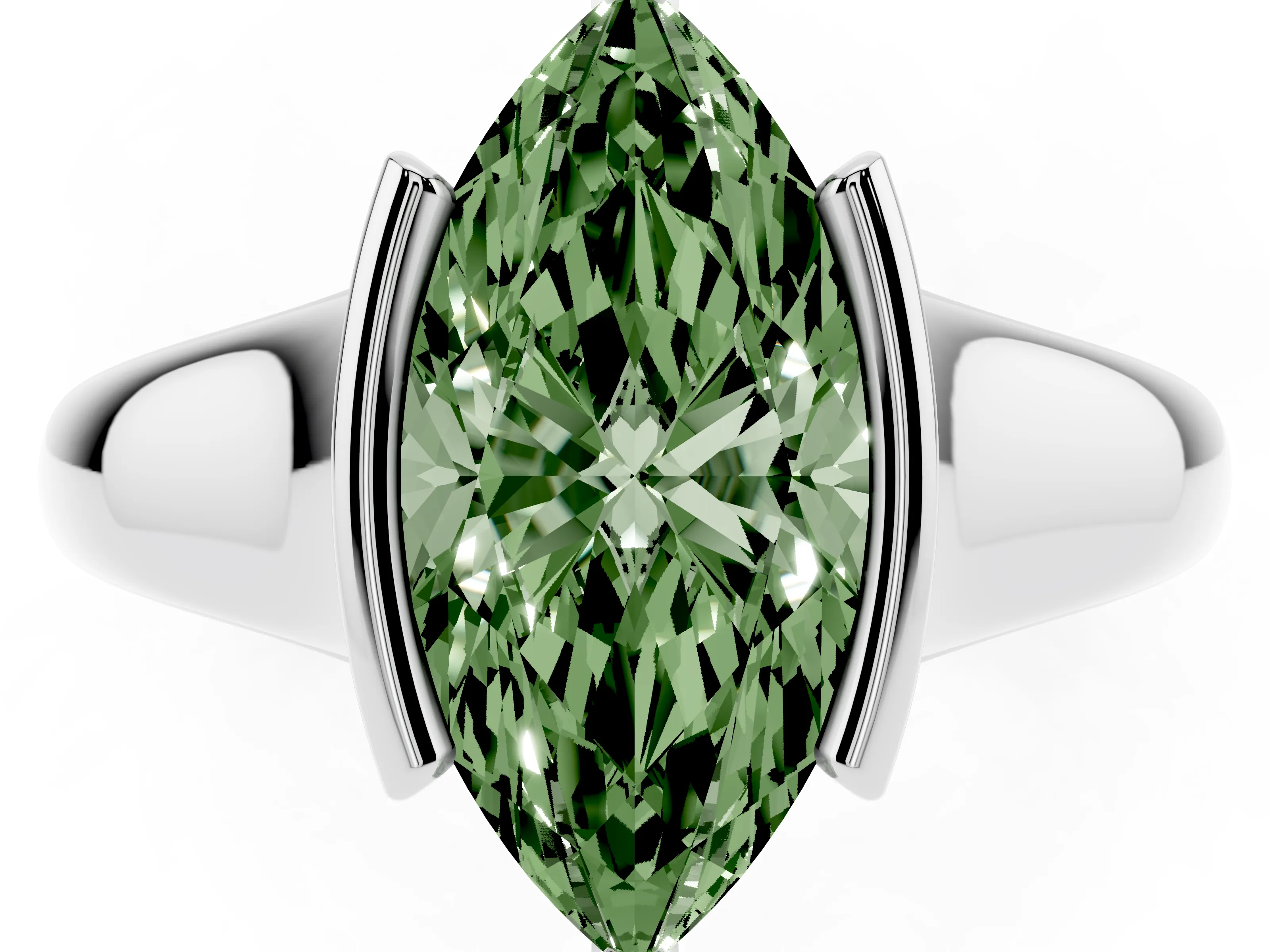 Fancy Green Marquise Cut Diamond Solitaire Tension Set Ring Set in White gold with Split Shank Band