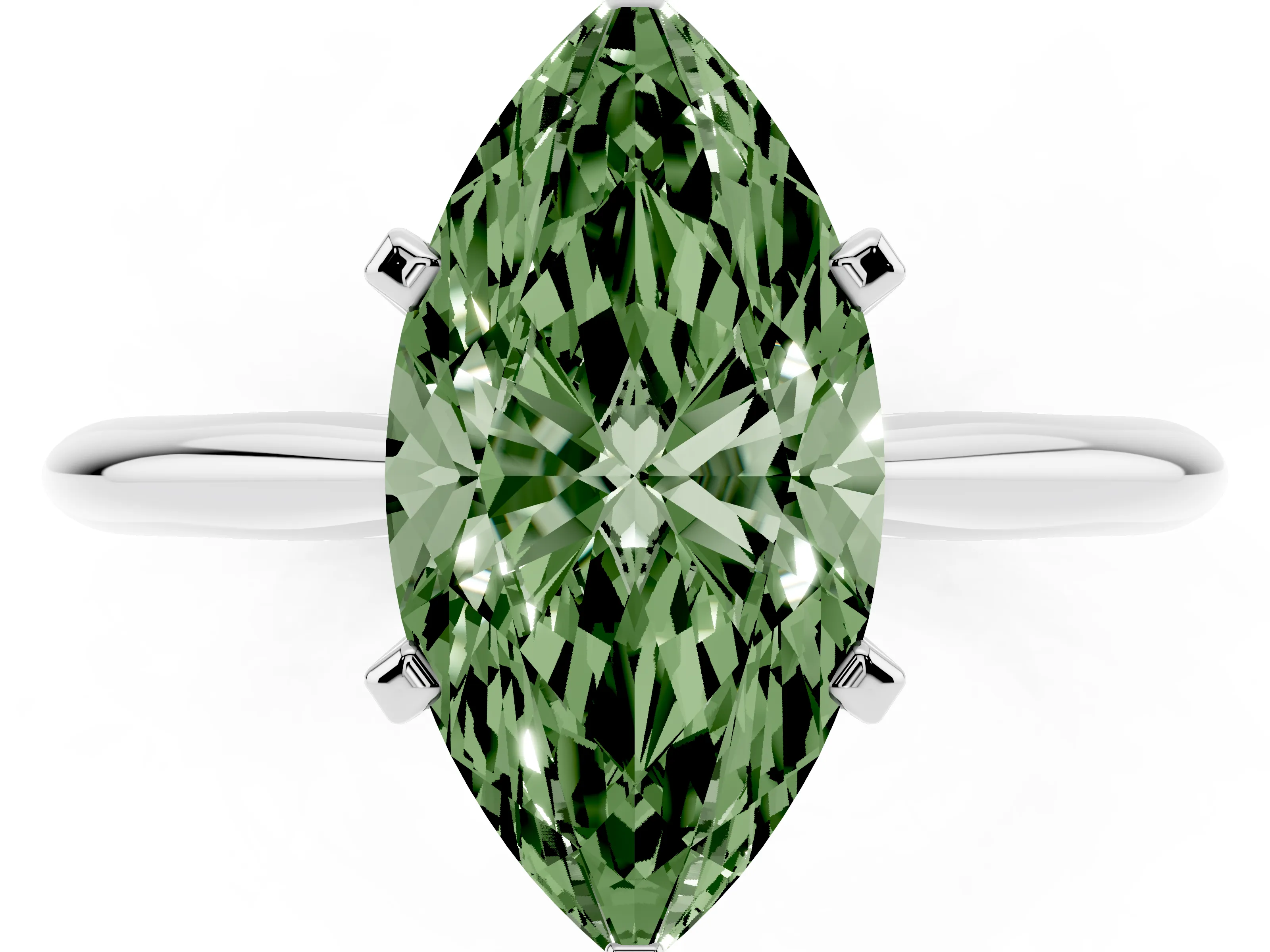 Fancy Green Marquise Cut Diamond Solitaire Ring Set in Silver with Prong Setting on a Plain Round Band