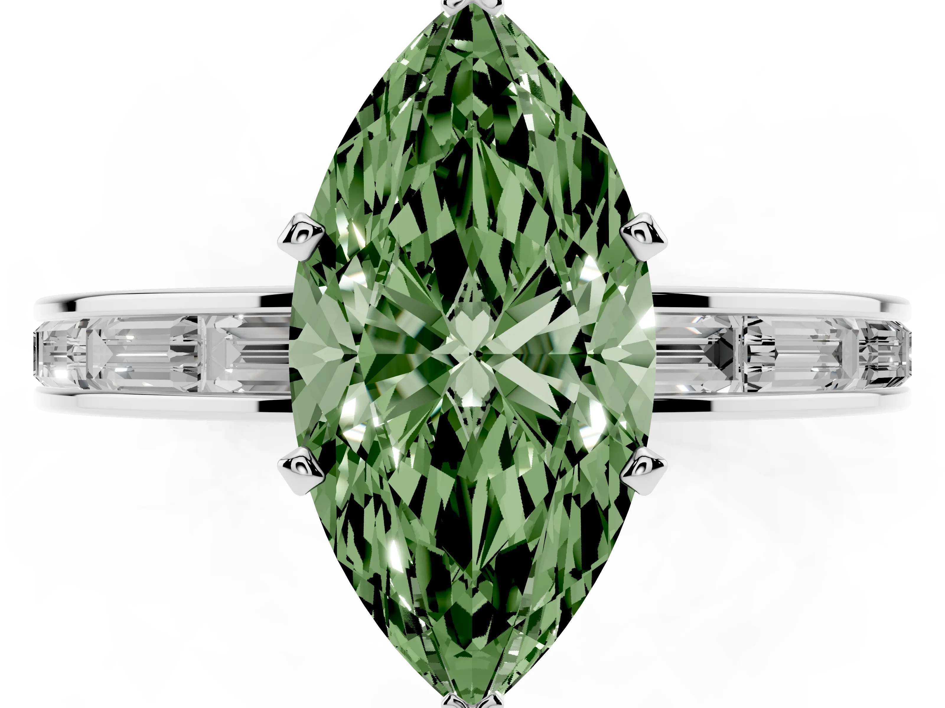 Fancy Green Marquise Cut Diamond Solitaire Ring Set in Silver with Channel-Set Baguette Band and Prong Setting
