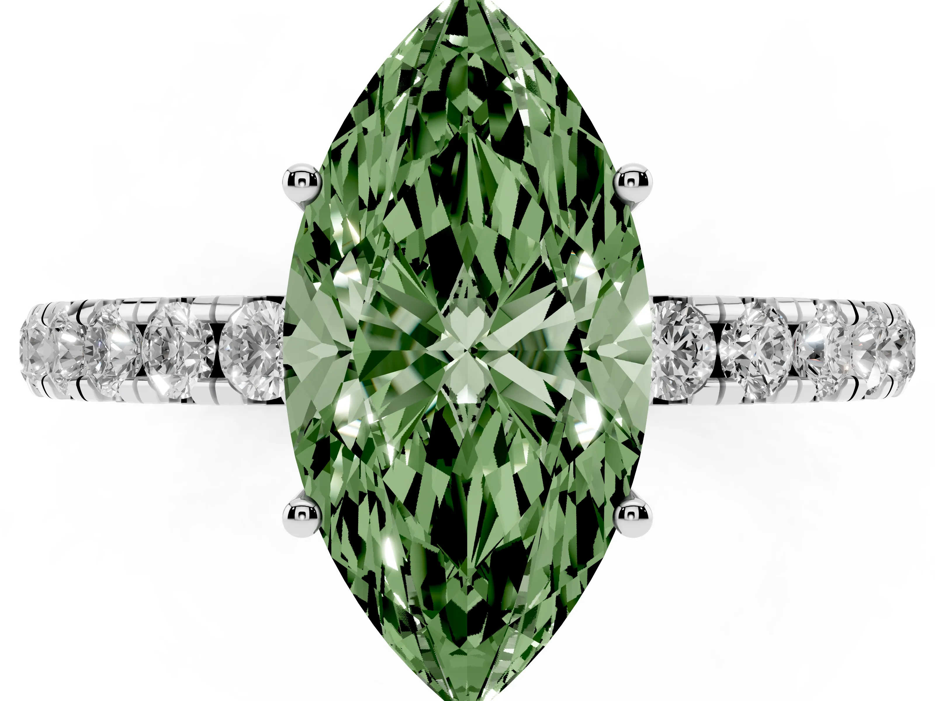 Fancy Green Marquise Cut Diamond Pavé Solitaire Engagement Ring Set in Silver with Prong Setting