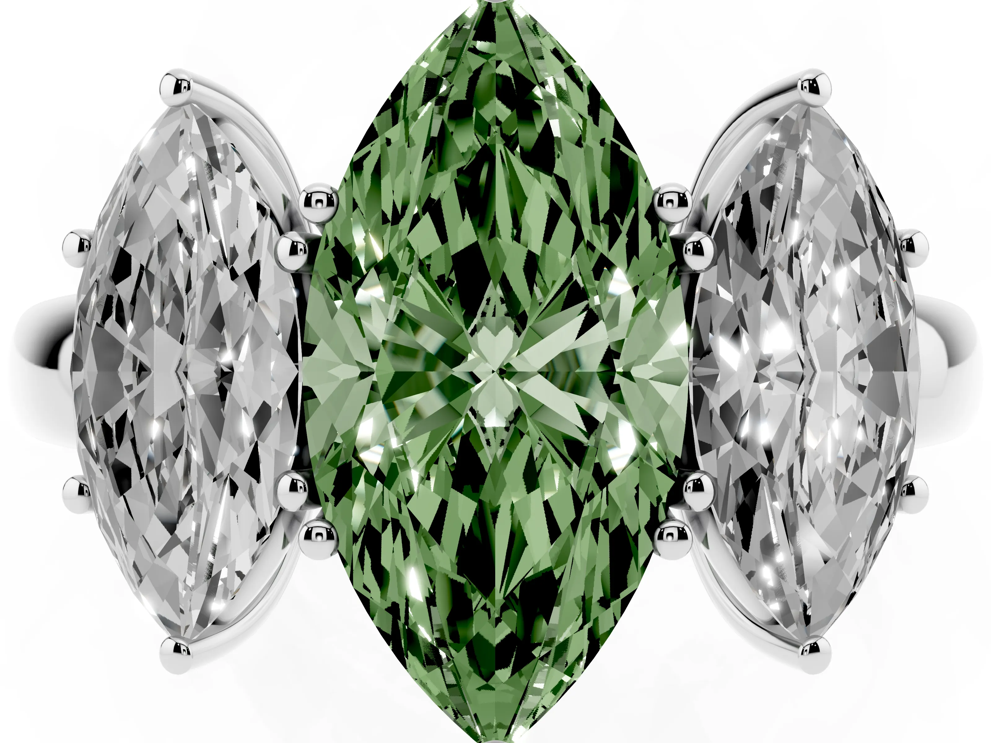 Fancy Green Marquise Cut Diamond Three-Stone Ring Set in Silver with Bold Center and Classic Band