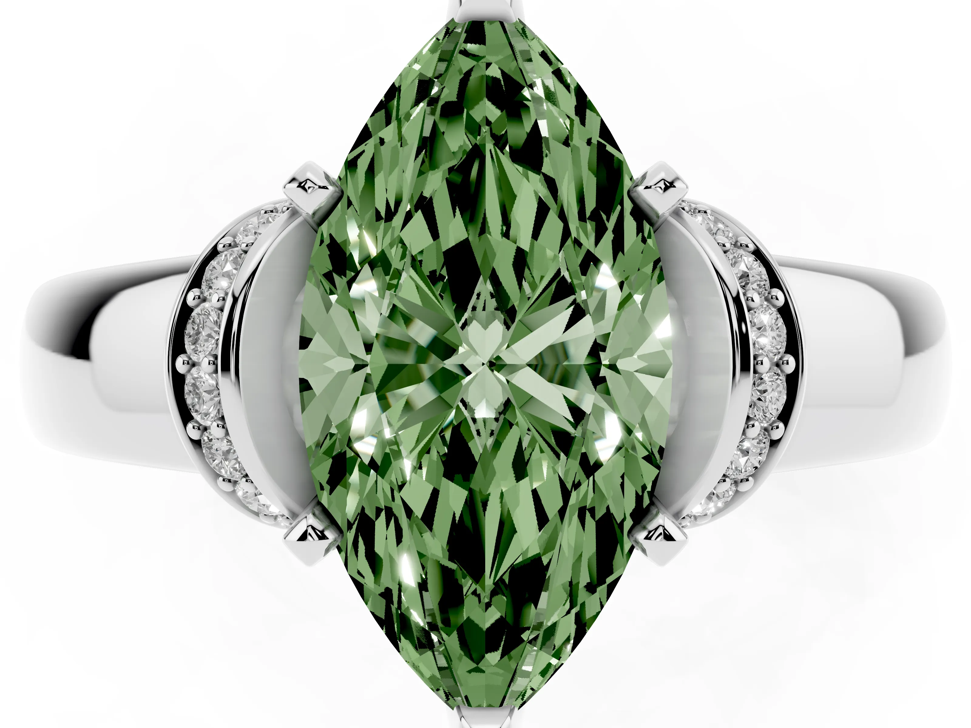 Fancy Green Marquise Cut Diamond Pavé Band Solitaire Ring Set in Silver with Prong Setting