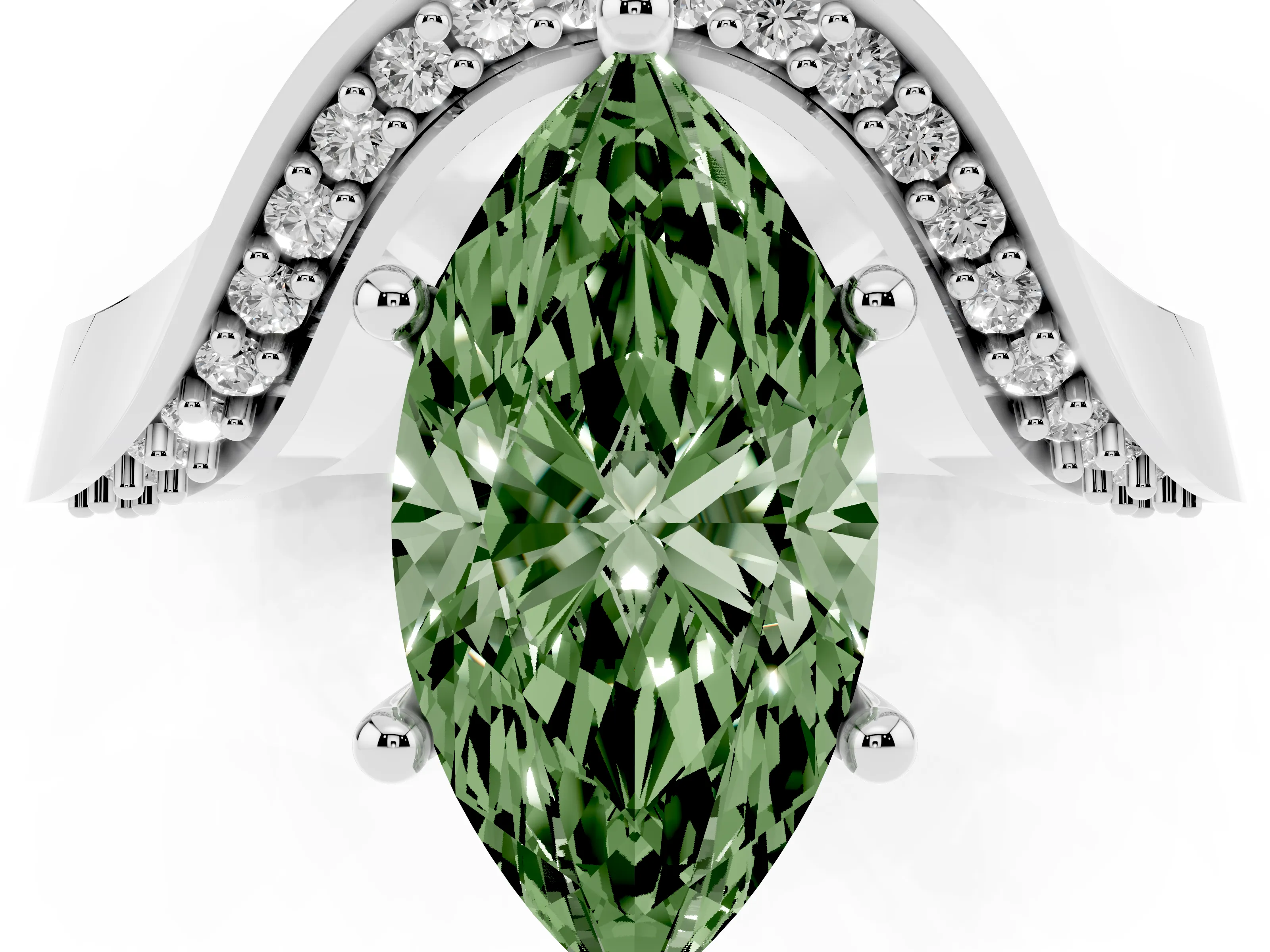 Fancy Green Marquise Cut Diamond Solitaire Engagement Ring Set in Silver with Pavé Shoulders