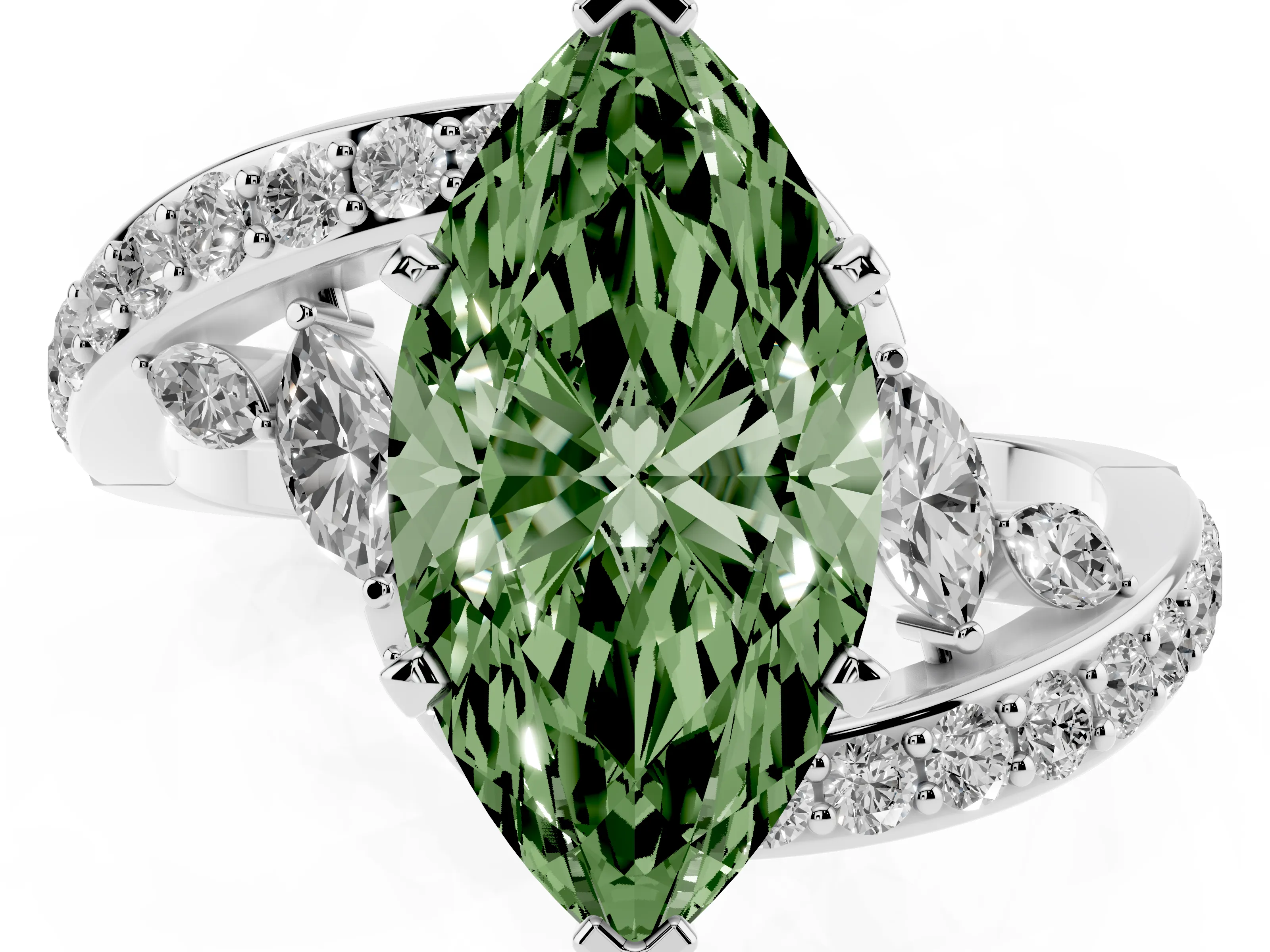 Fancy Green Marquise Cut Diamond Solitaire Ring Set in Silver with Pavé Twist Band and Secure Prong Setting