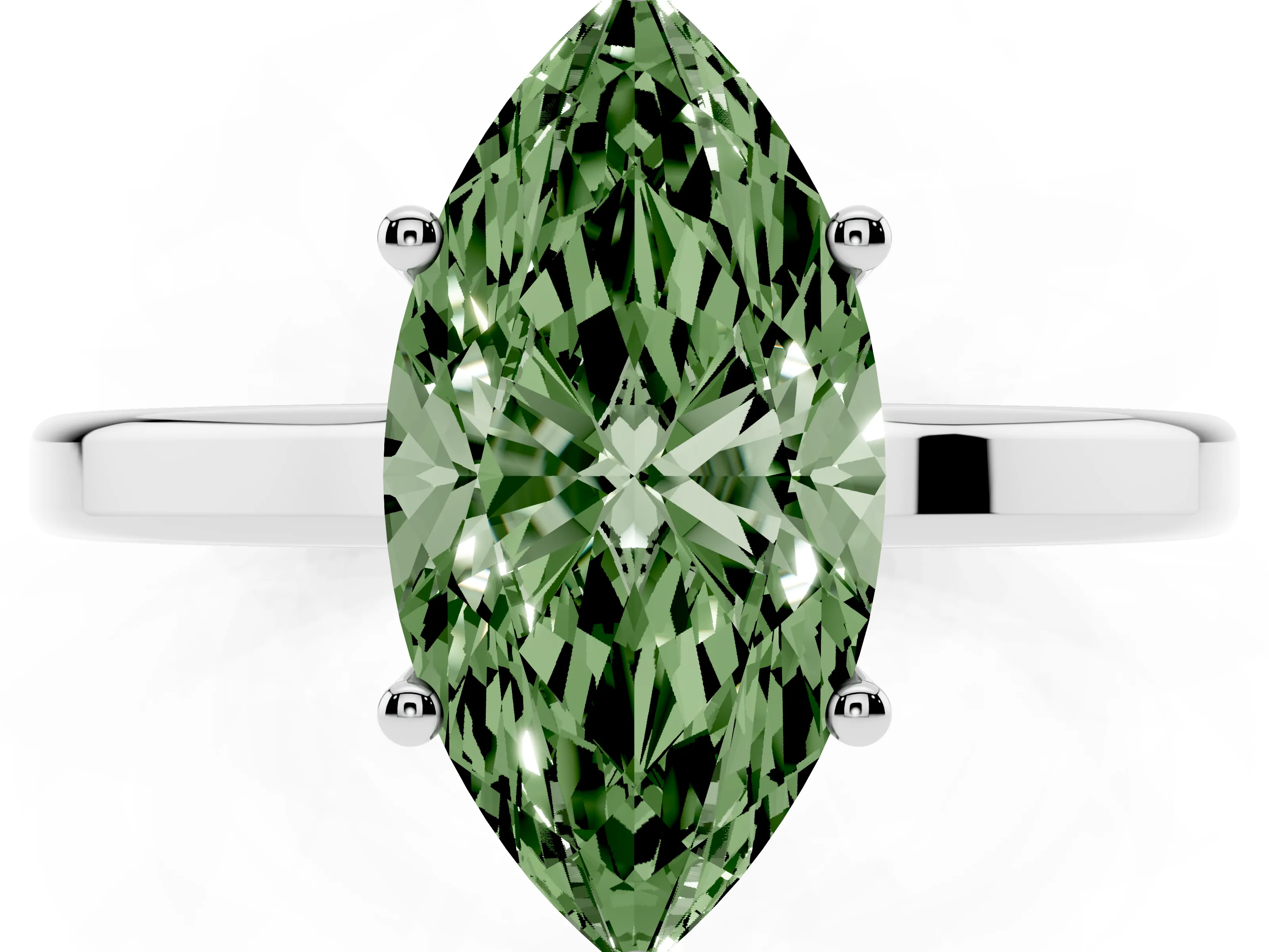 Fancy Green Marquise Cut Diamond Solitaire Engagement Ring Set in White gold with Prong Setting on a Plain Band