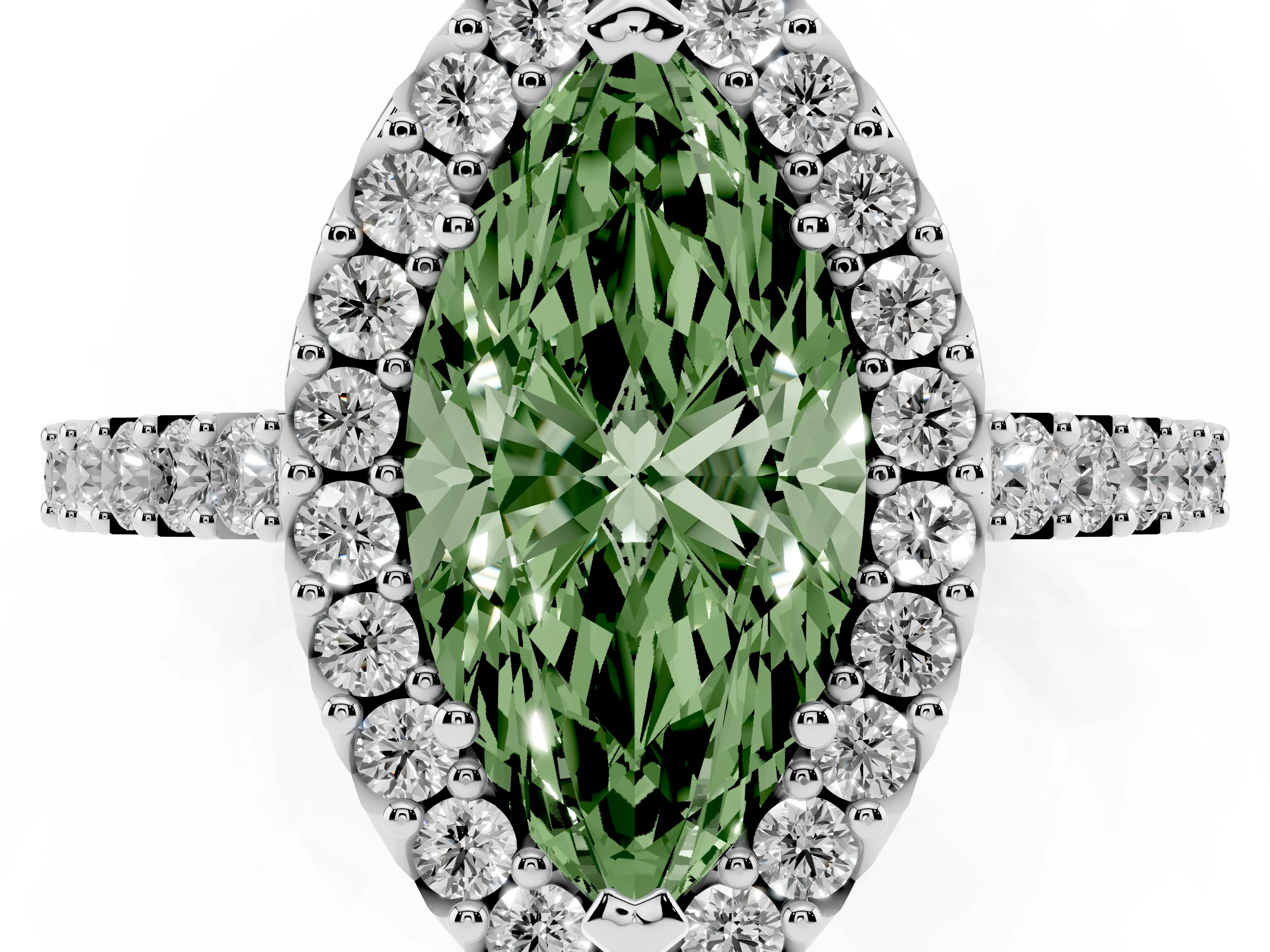 Fancy Green Marquise Cut Diamond Halo Pavé Solitaire Ring Set in White gold with Prong-Set Center Stone