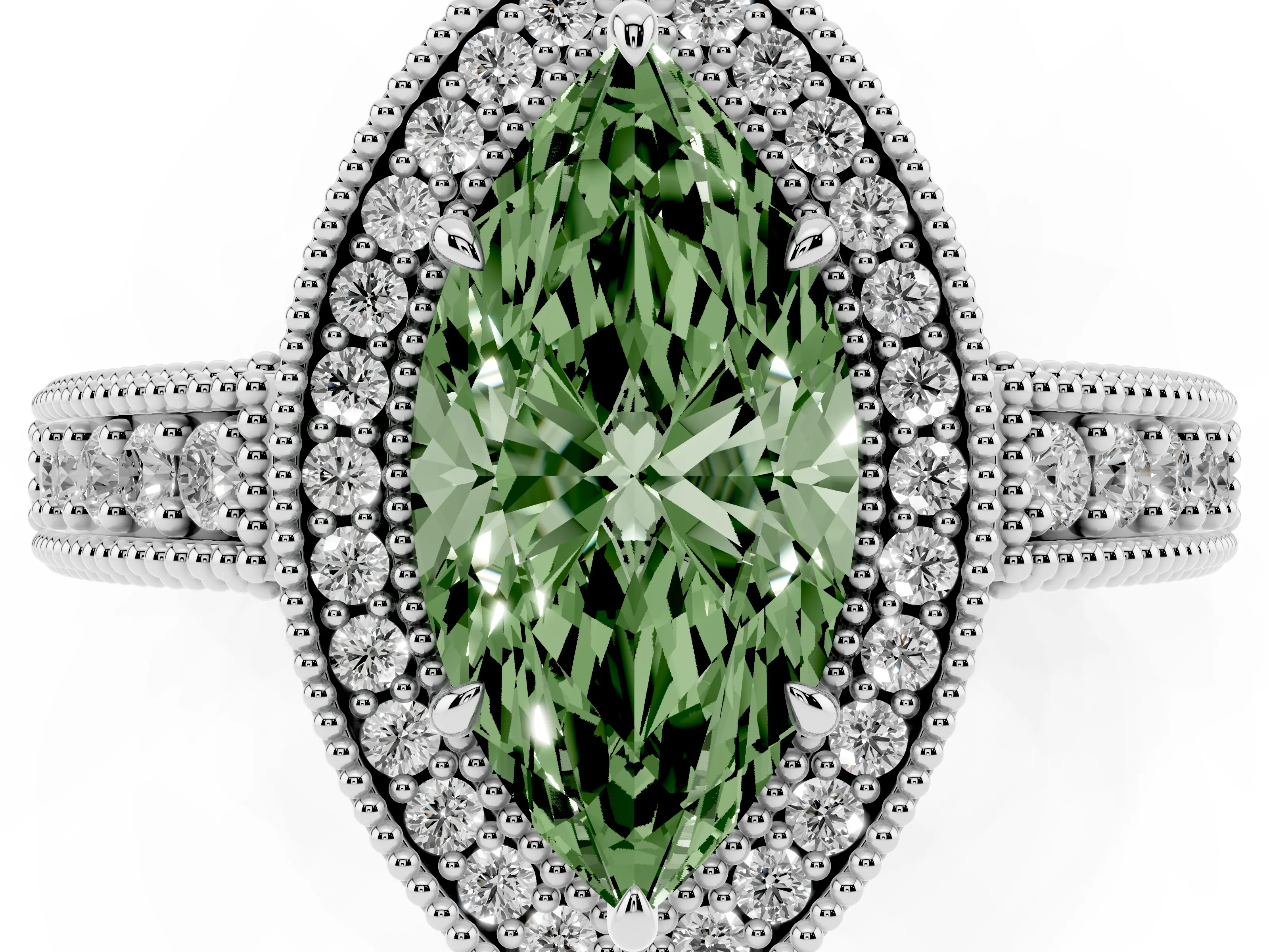 Fancy Green Marquise Cut Diamond Halo Ring Set in White gold with Round Accent Halo, Pavé Band and Prong Setting