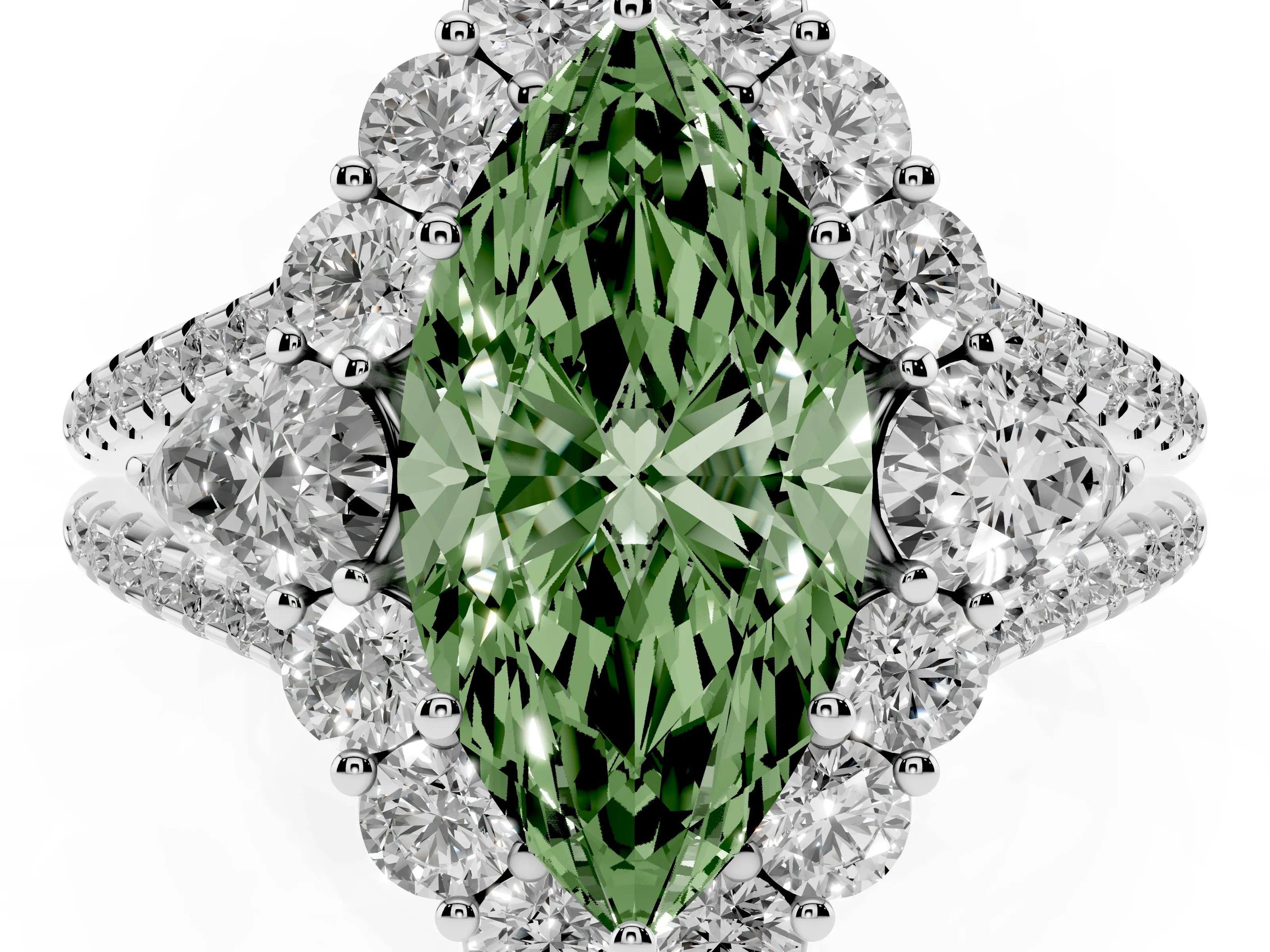 Fancy Green Marquise Cut Diamond Halo Split Shank Engagement Ring Set in White gold with Prong-Held Center Stone