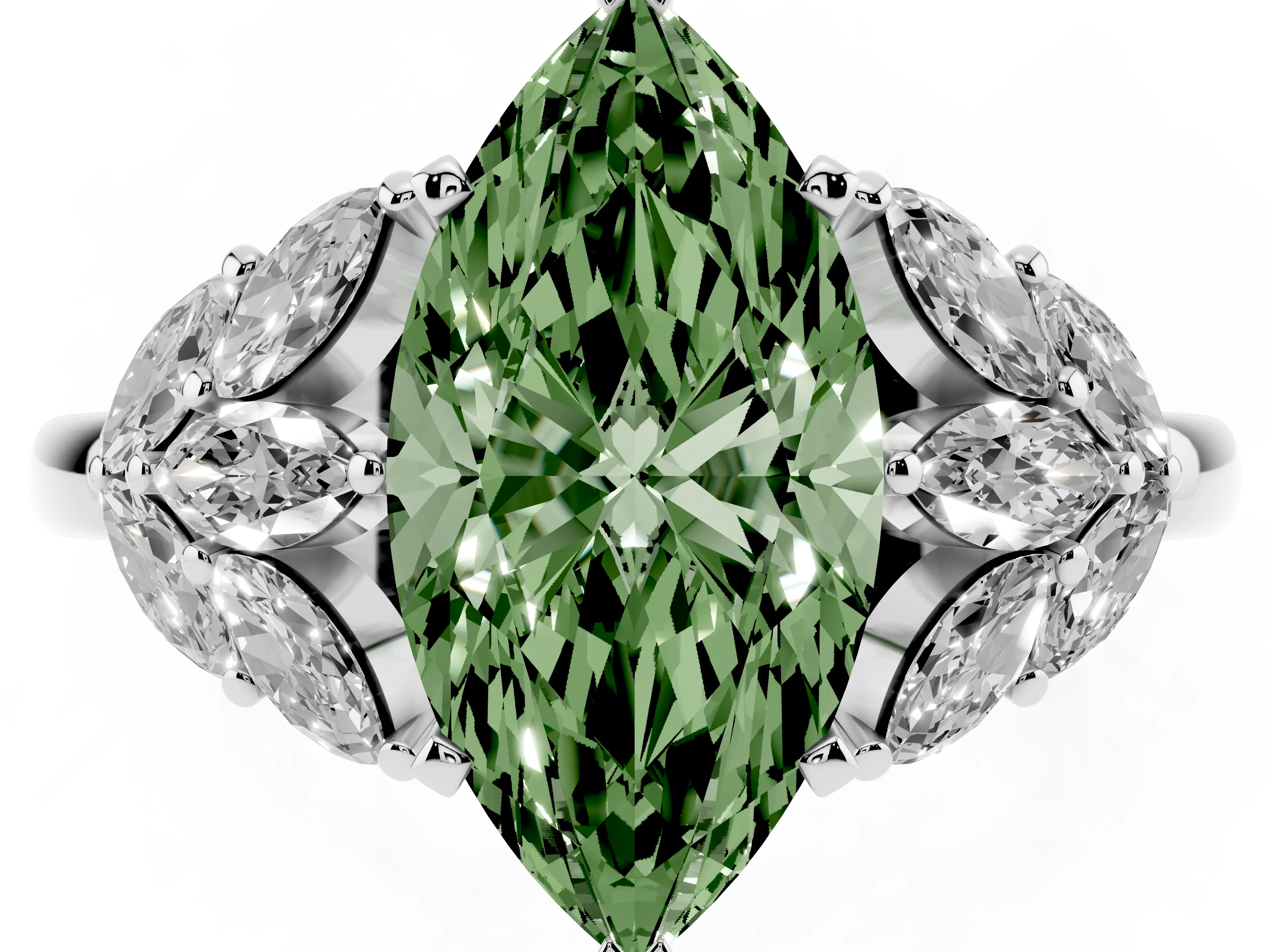 Fancy Green Marquise Cut Diamond Cluster Leaf Design Ring Set in Silver with Prong Setting