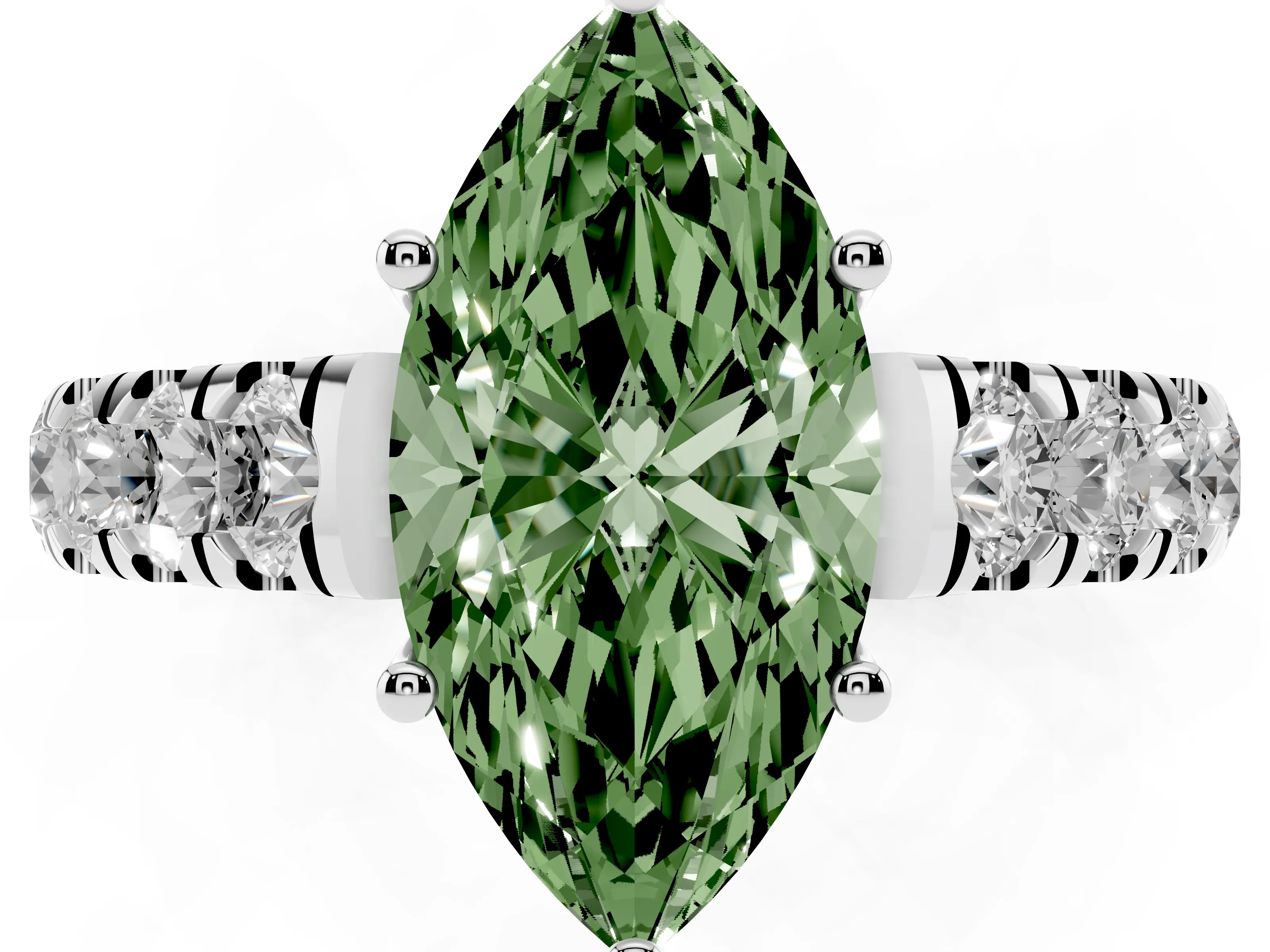 Fancy Green Marquise Cut Diamond Solitaire Ring Set in Silver with Cut-Down Micro Pavé Band and Prong Setting