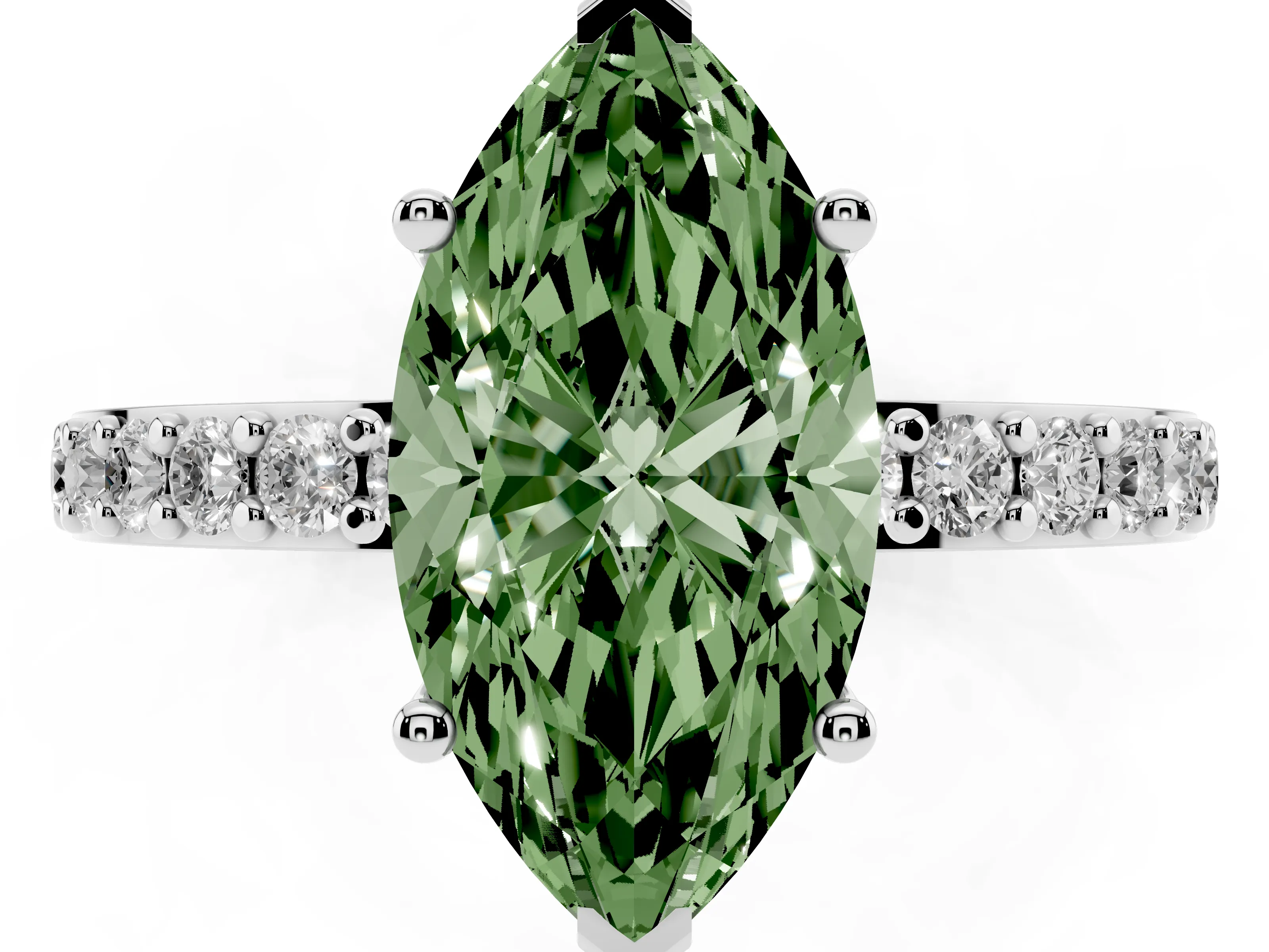 Fancy Green Marquise Cut Diamond Solitaire Set in White gold with Round Pavé Band and Prong Setting