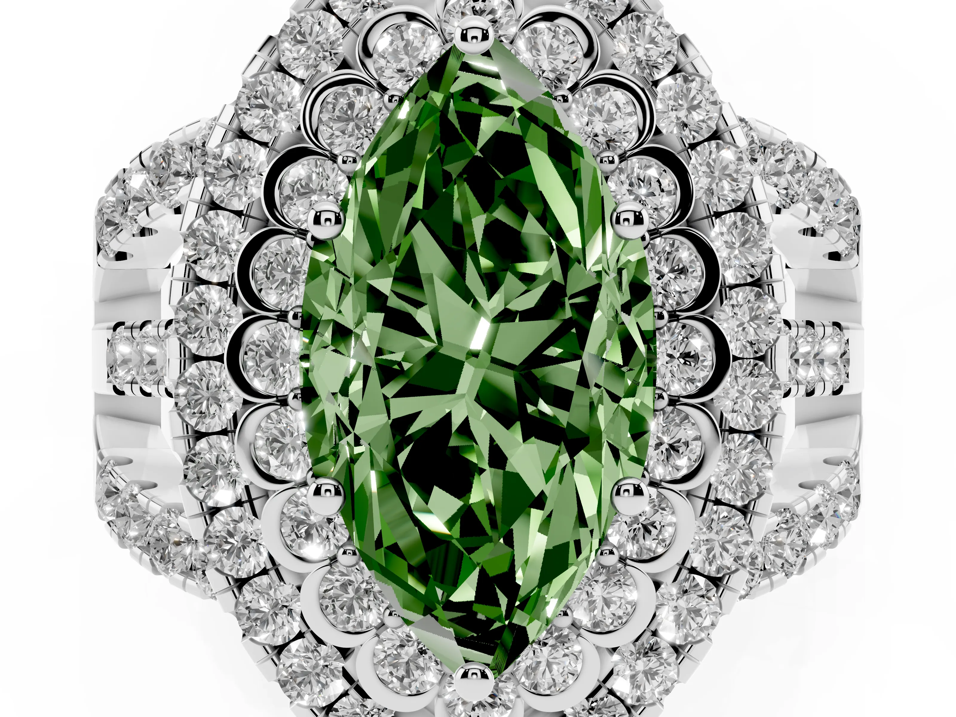 Fancy Green Marquise Cut Diamond Double Halo Ring Set in White gold with Round Pavé Split Shank