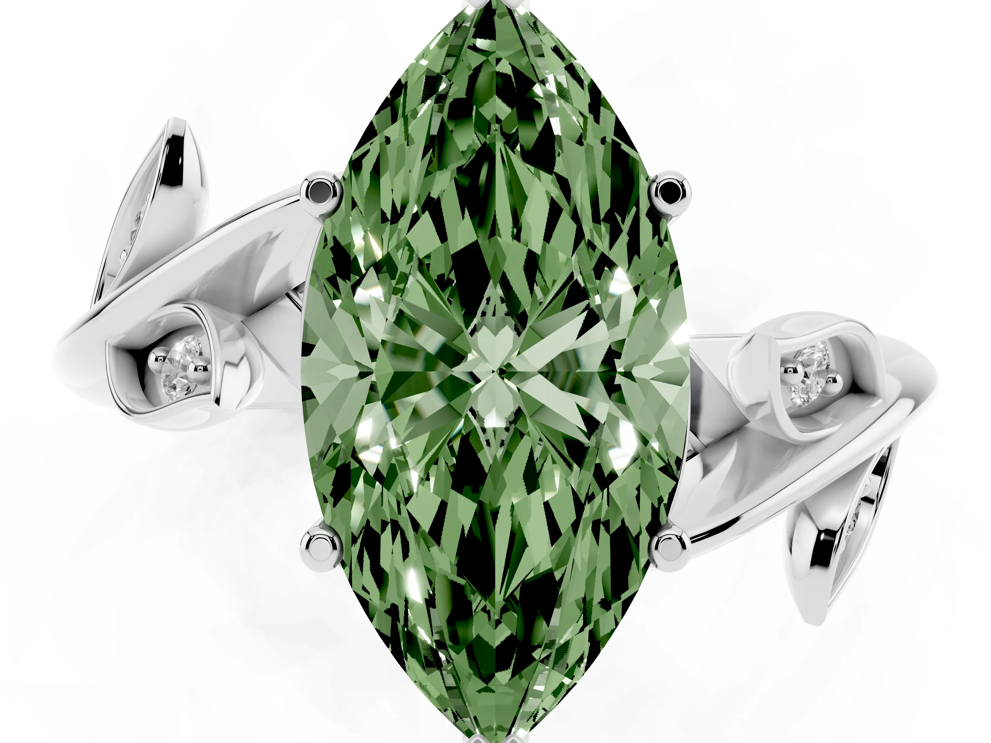 Fancy Green Marquise Cut Diamond Solitaire Twist Engagement Ring Set in White gold with Pavé Leaf Accents