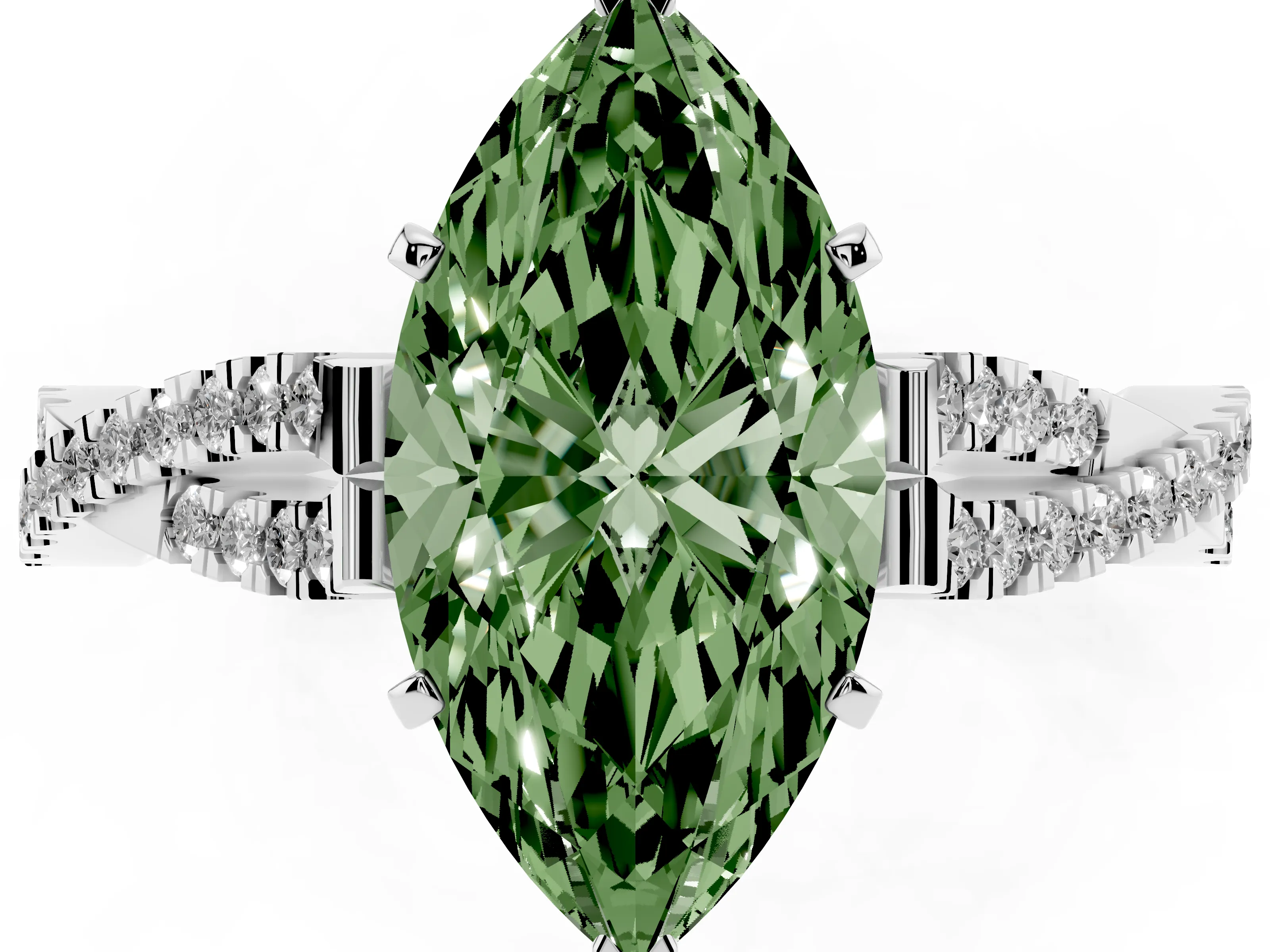 Fancy Green Marquise Cut Diamond Solitaire Engagement Ring Set in Platinum with Twisted Pavé Band and Prong Setting