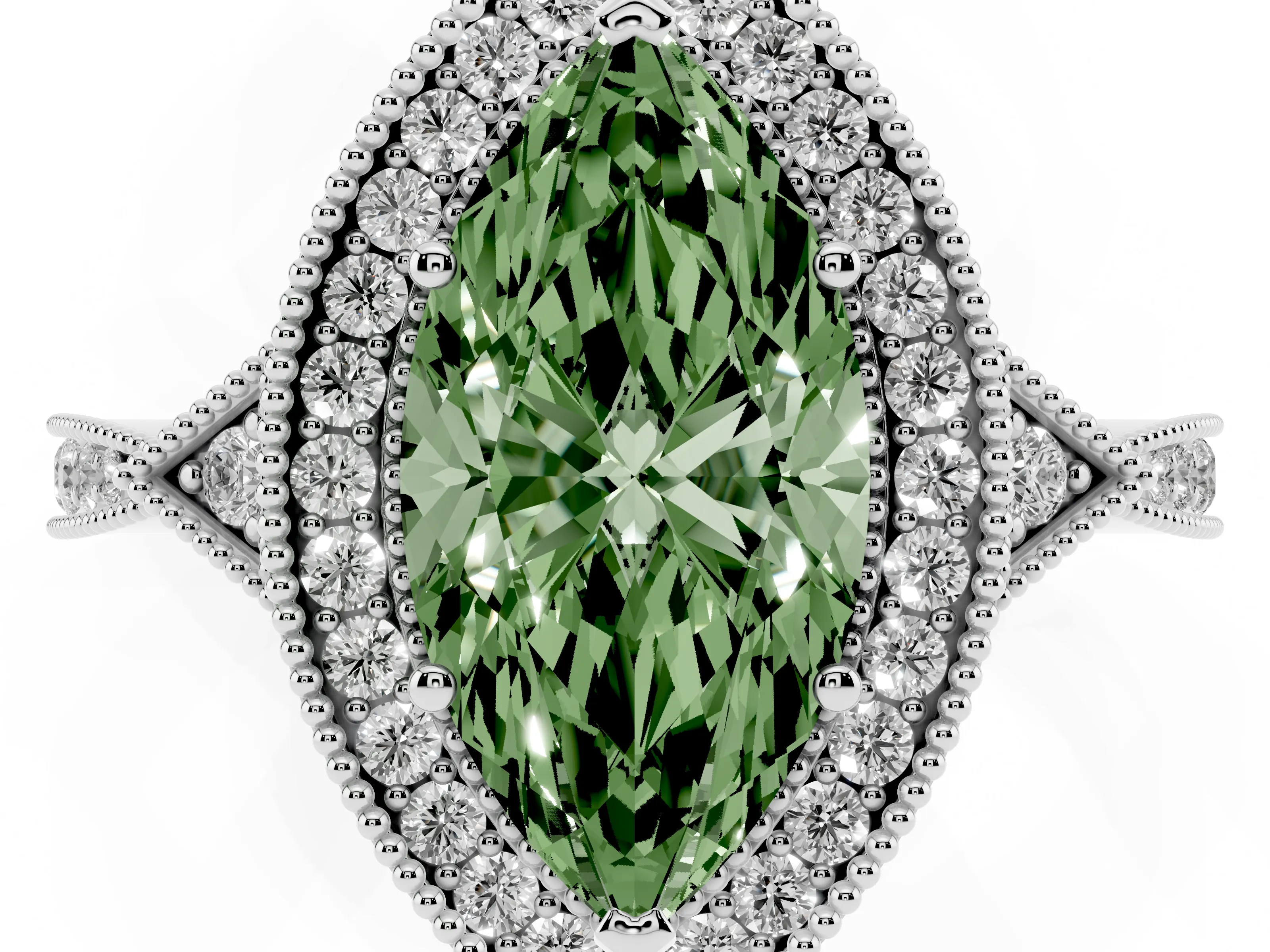 Fancy Green Marquise Cut Diamond Halo Engagement Ring Set in White gold with Milgrain Pavé Band