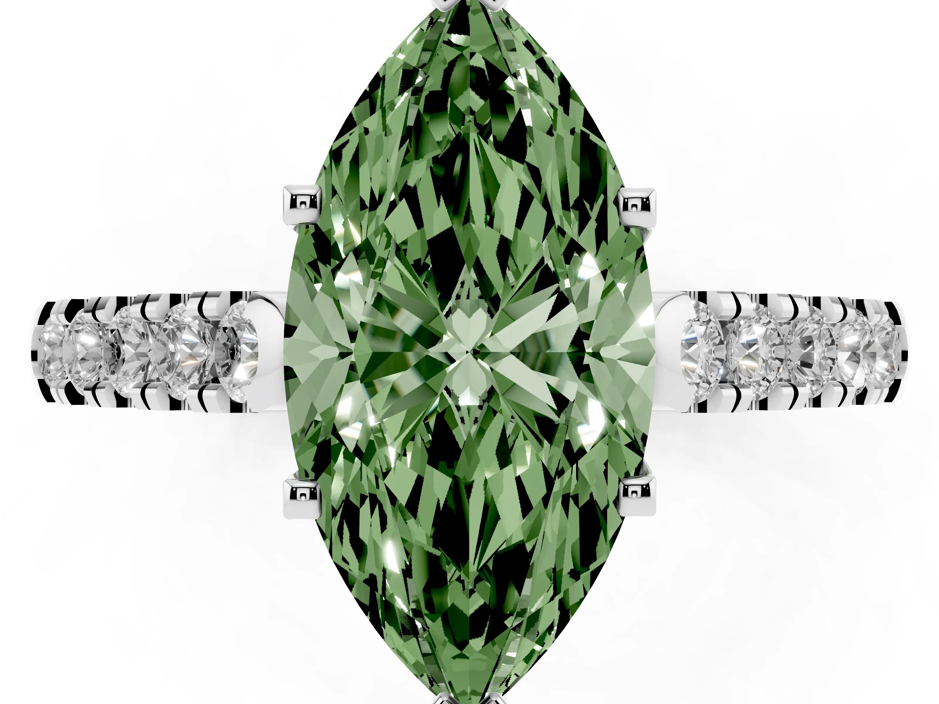 Fancy Green Marquise Cut Diamond Pavé Band Solitaire Ring Set in White gold with Partway Accent Stones and Prong Setting