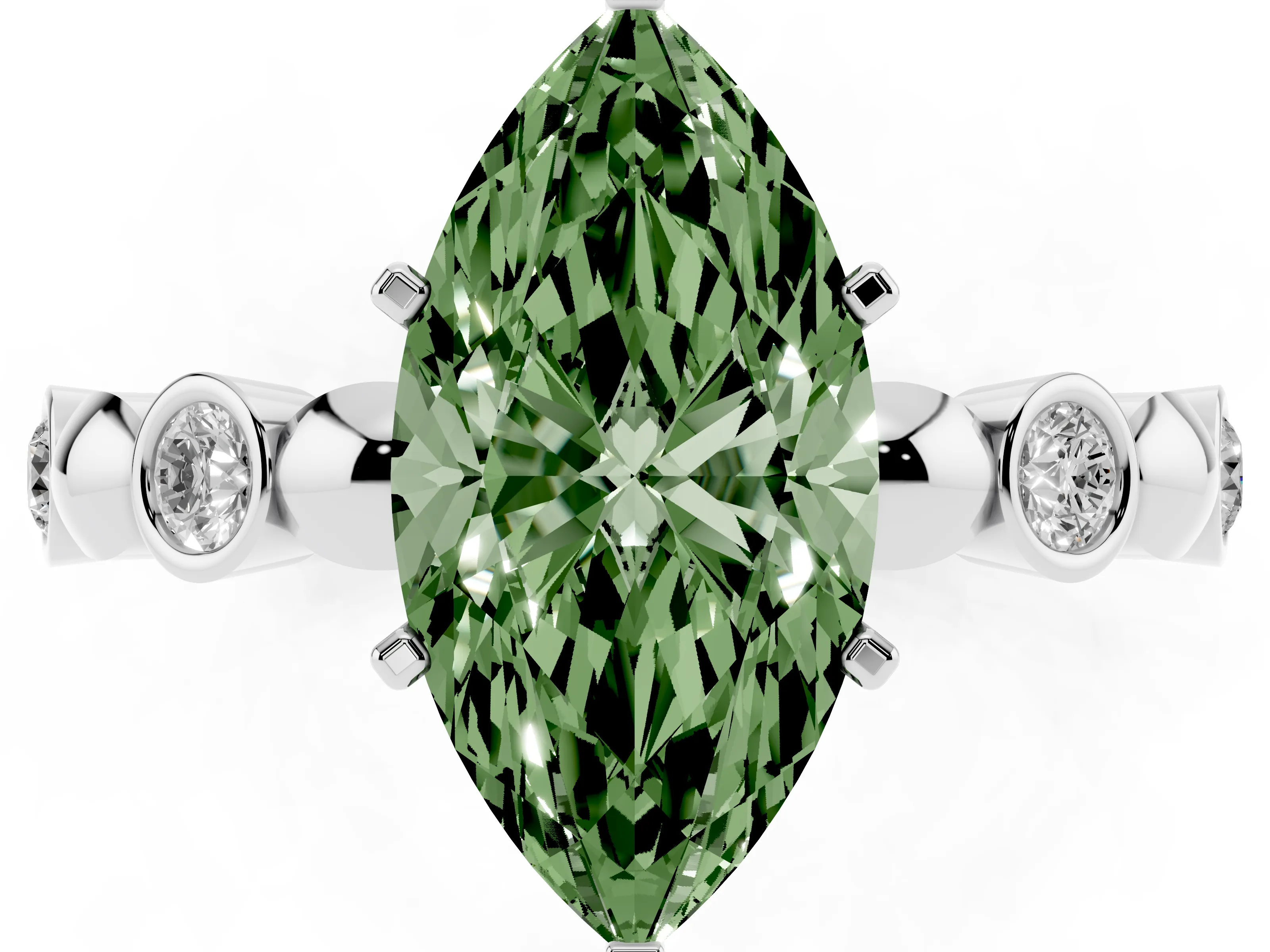 Fancy Green Marquise Cut Diamond Solitaire Ring Set in Silver with Bezel-Set Accents on Beaded Band and Prong Setting
