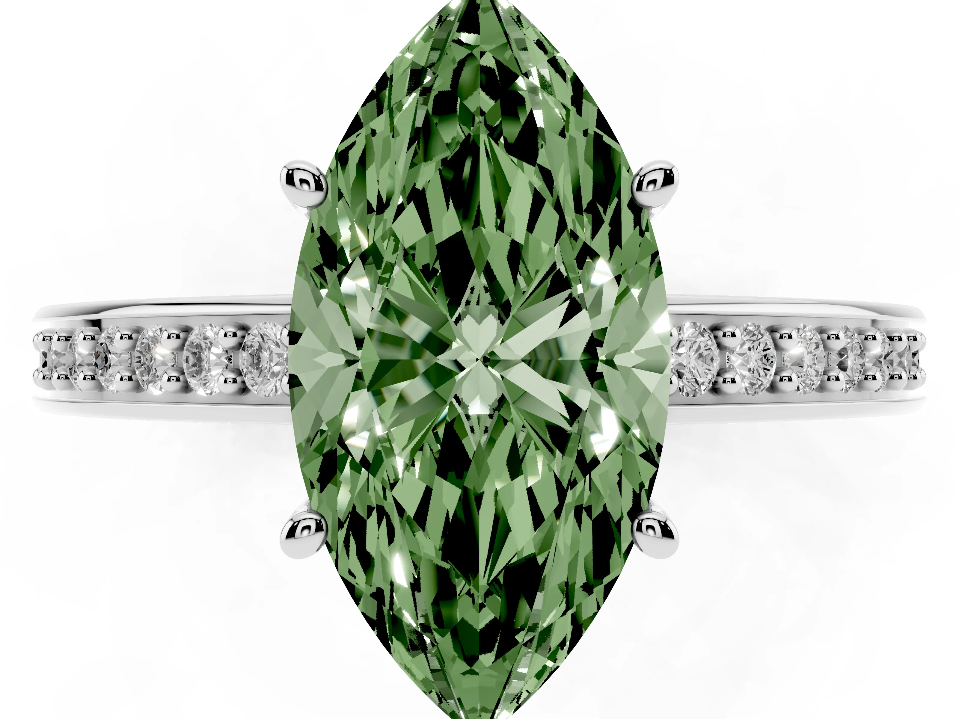Fancy Green Marquise Cut Diamond Pavé Band Prong Set Solitaire Ring Set in Platinum