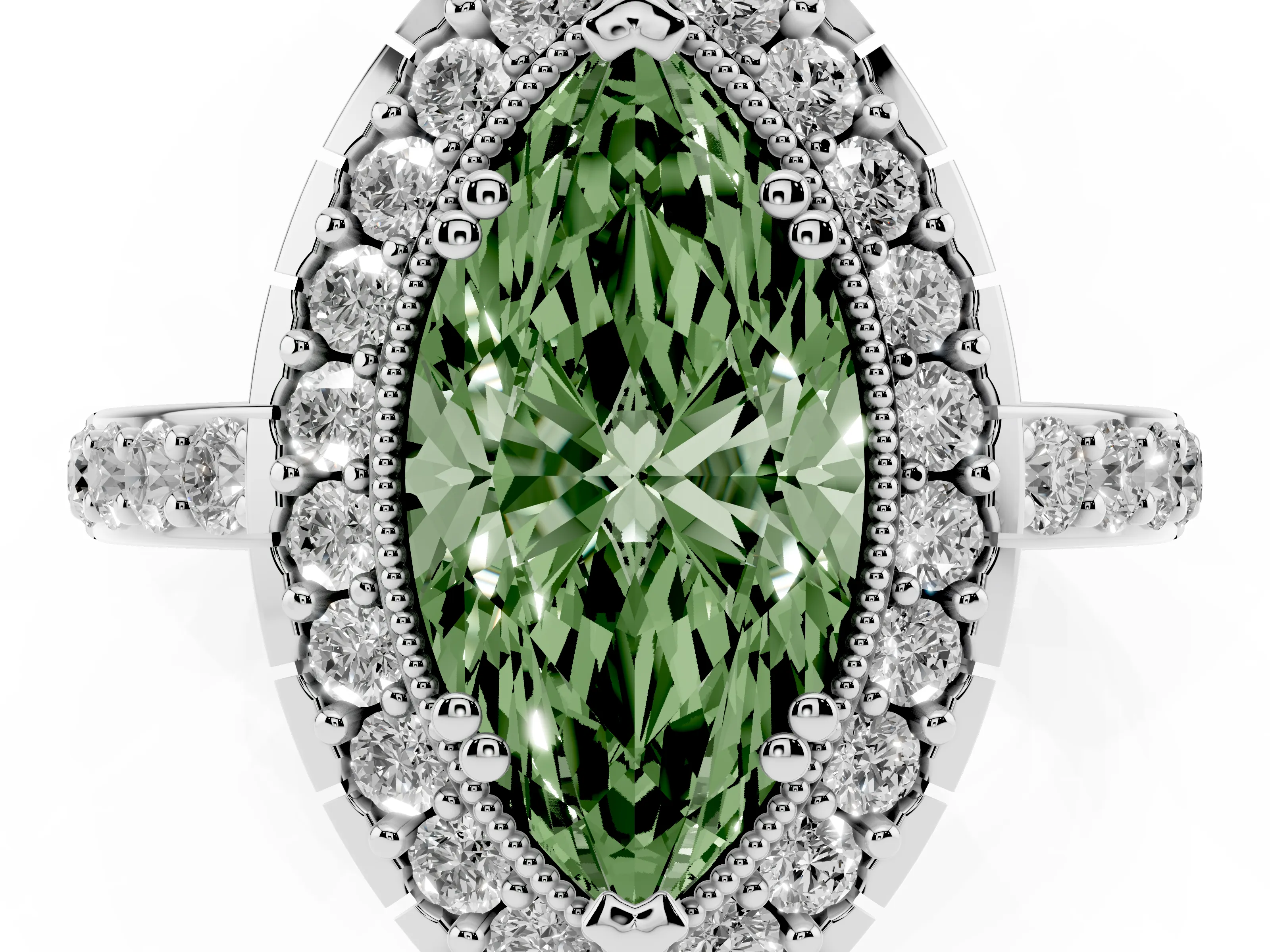 Fancy Green Marquise Cut Diamond Halo Ring Set in White gold with Pavé Shank and Prong Setting
