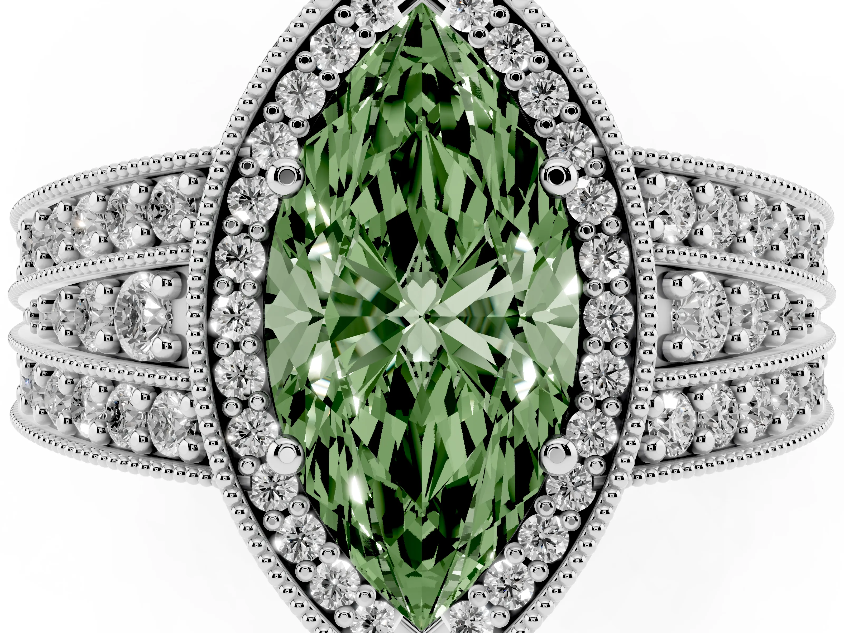 Fancy Green Marquise Cut Diamond Halo Ring Set in Silver with Accent Split Shank and Prong Setting