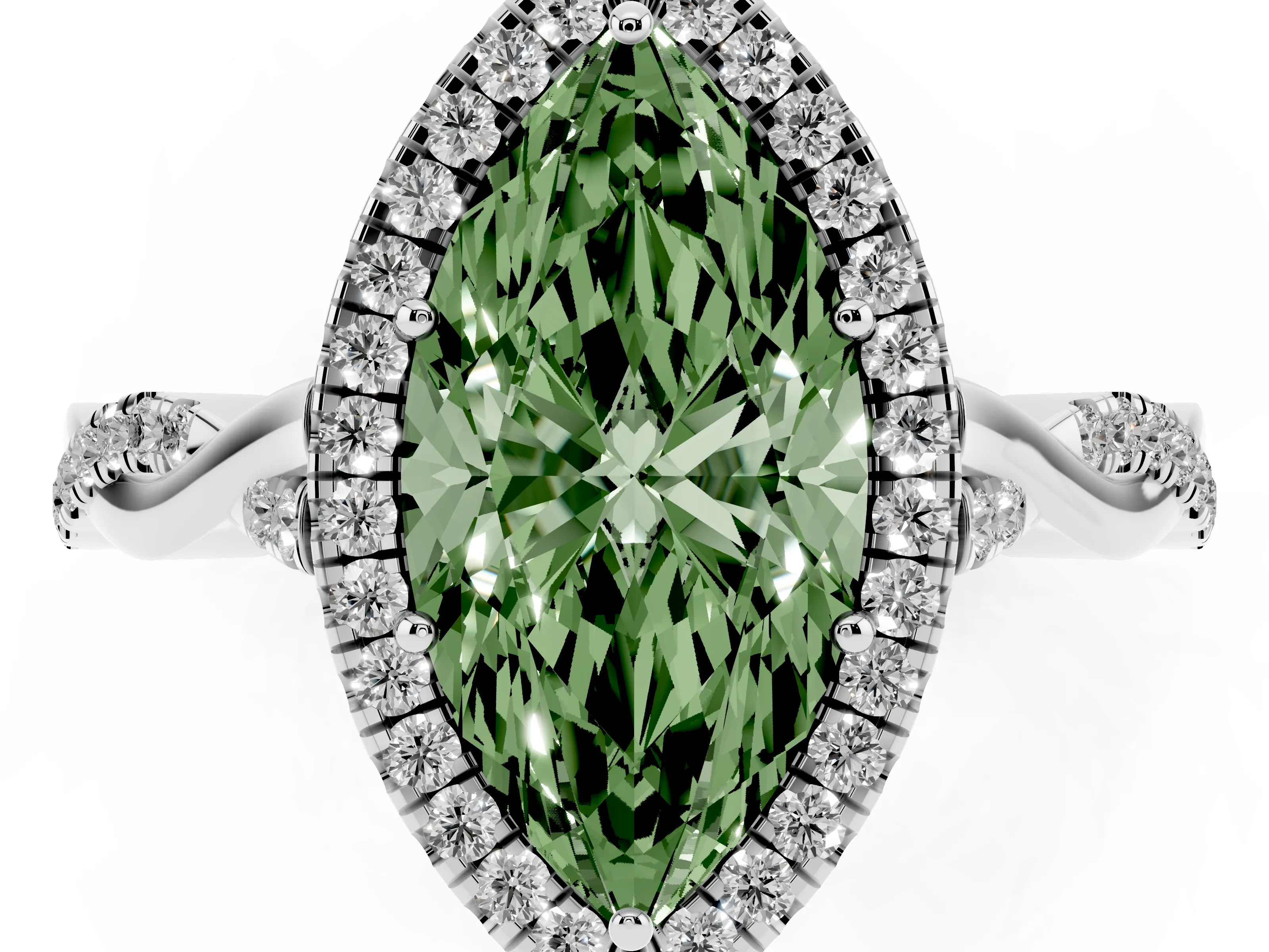Fancy Green Marquise Cut Diamond Halo Twist Band Solitaire Ring Set in White gold with Prong Setting