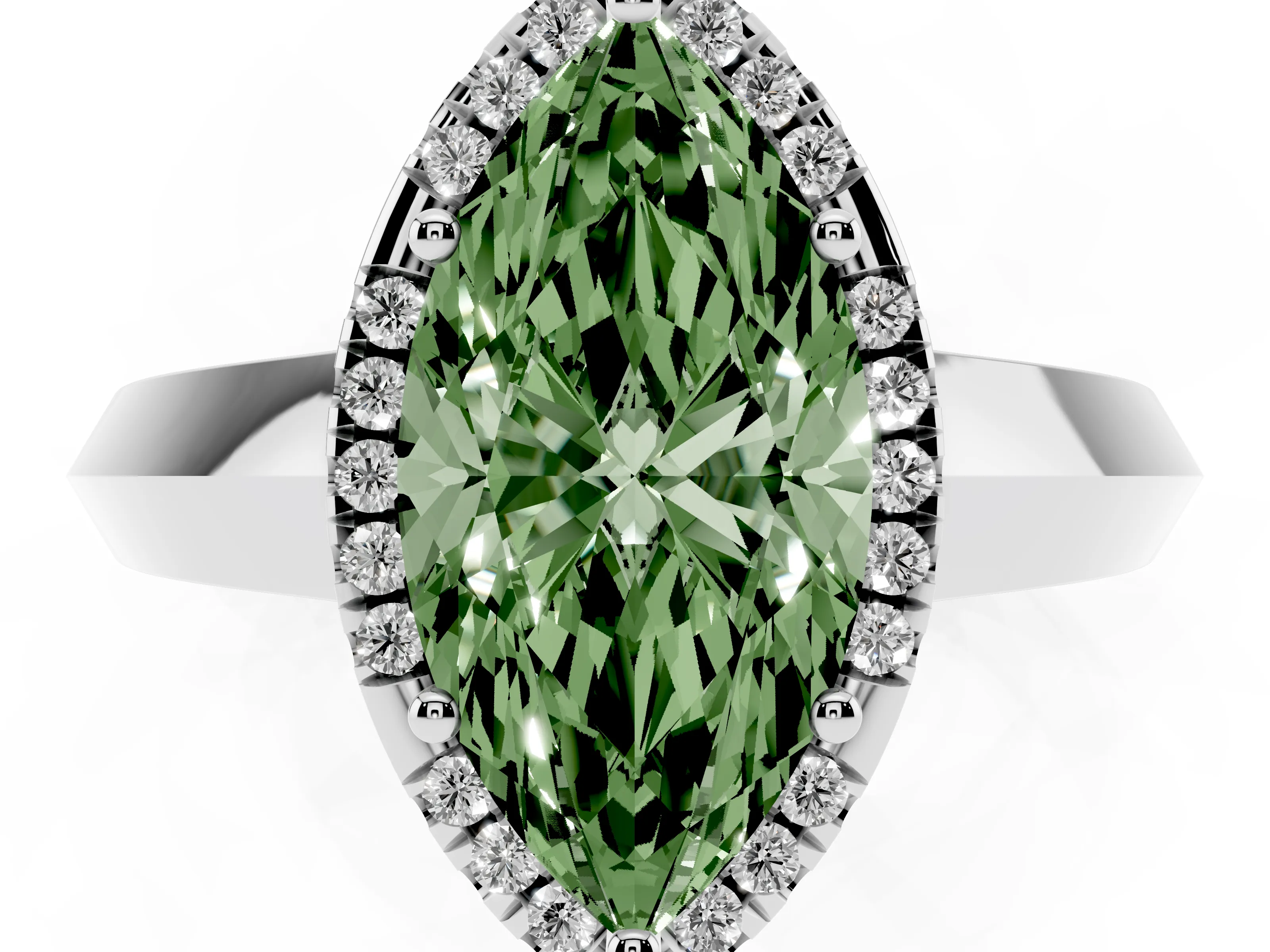 Fancy Green Marquise Cut Diamond Halo Ring Set in Silver with Cathedral Band and Prong Setting