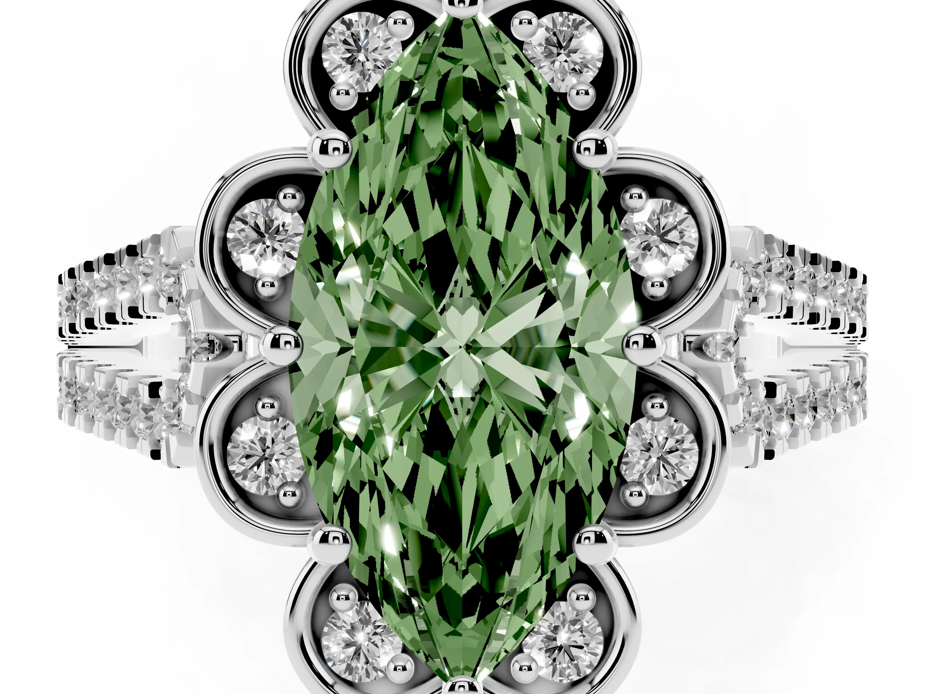 Fancy Green Marquise Cut Diamond Floral Halo Split Shank Engagement Ring Set in Platinum with Pavé Shank