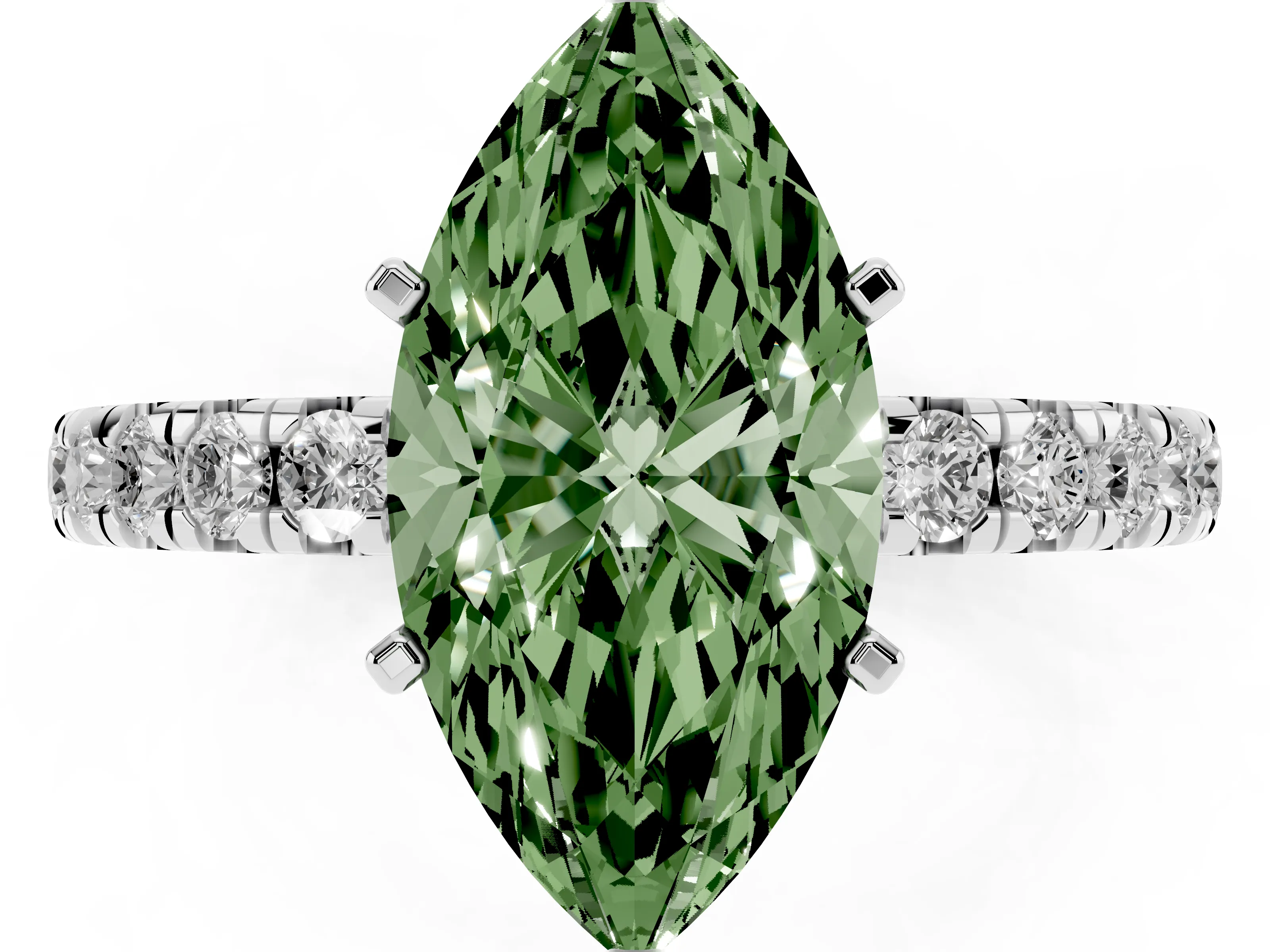 Fancy Green Marquise Cut Diamond Pavé Solitaire Ring Set in White gold with Round Band and Prong Setting