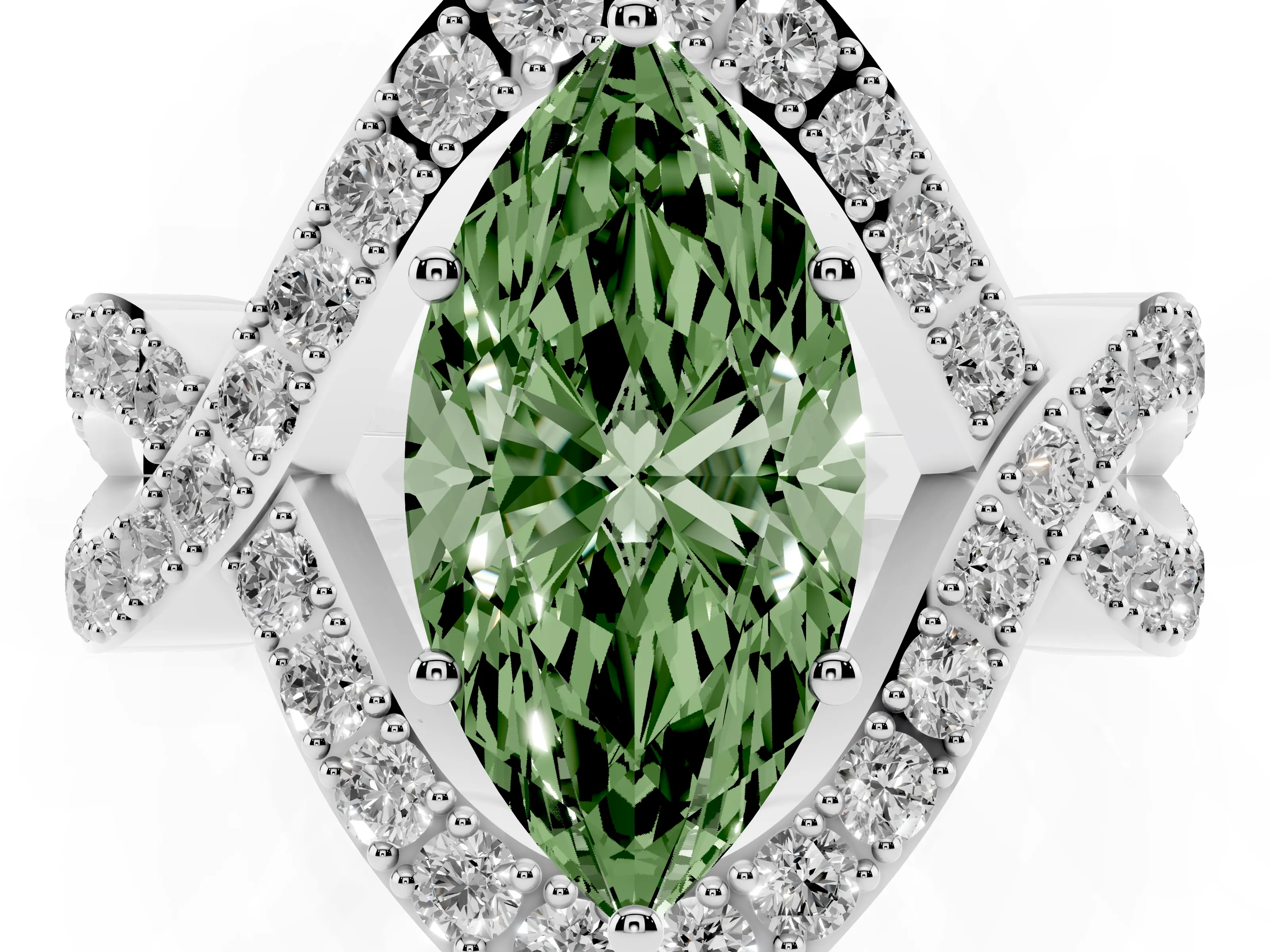 Fancy Green Marquise Cut Diamond Solitaire Twist Band Pavé Engagement Ring Set in Silver
