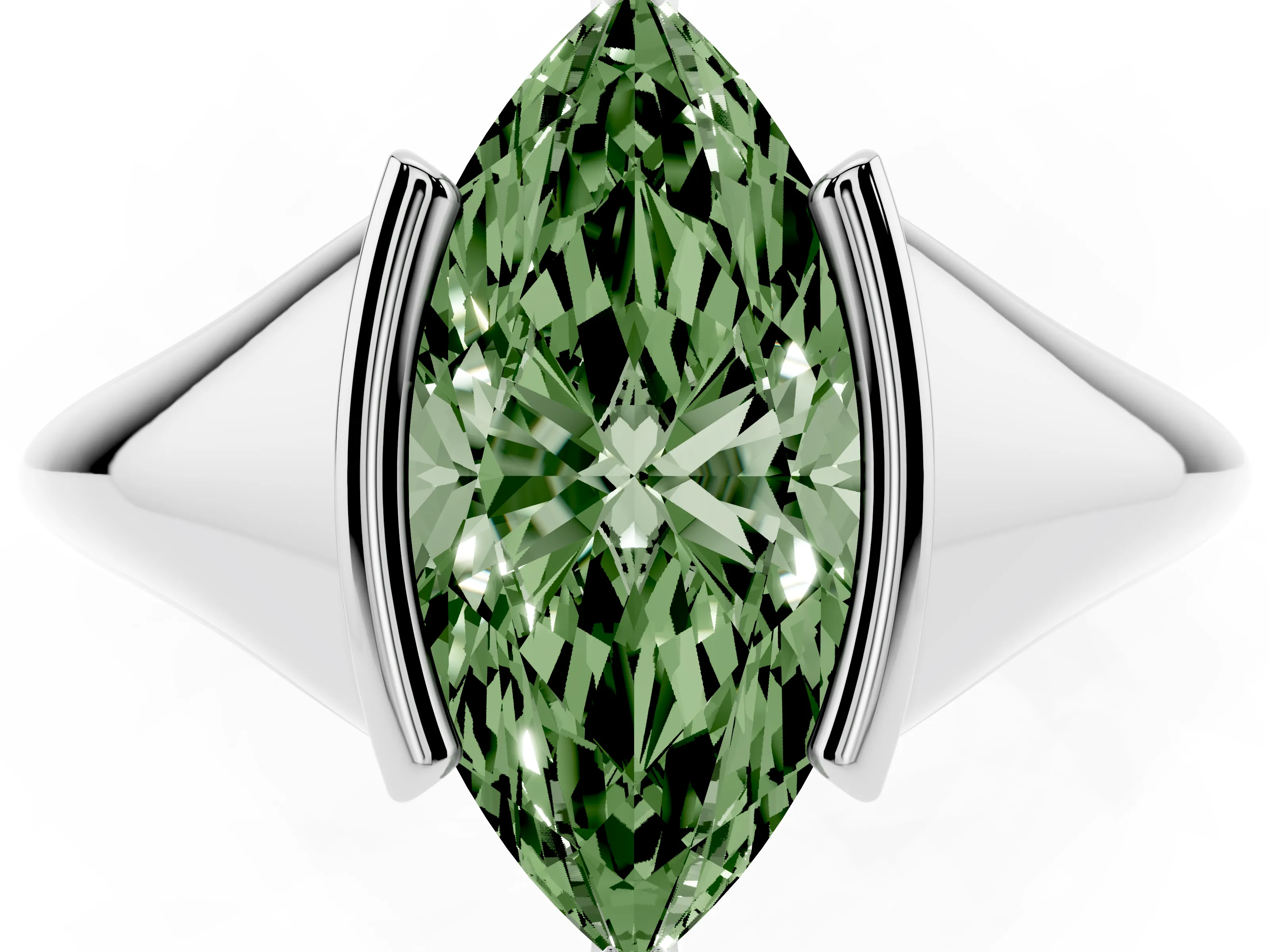 Fancy Green Marquise Cut Diamond Solitaire Tension Set Ring Set in Silver