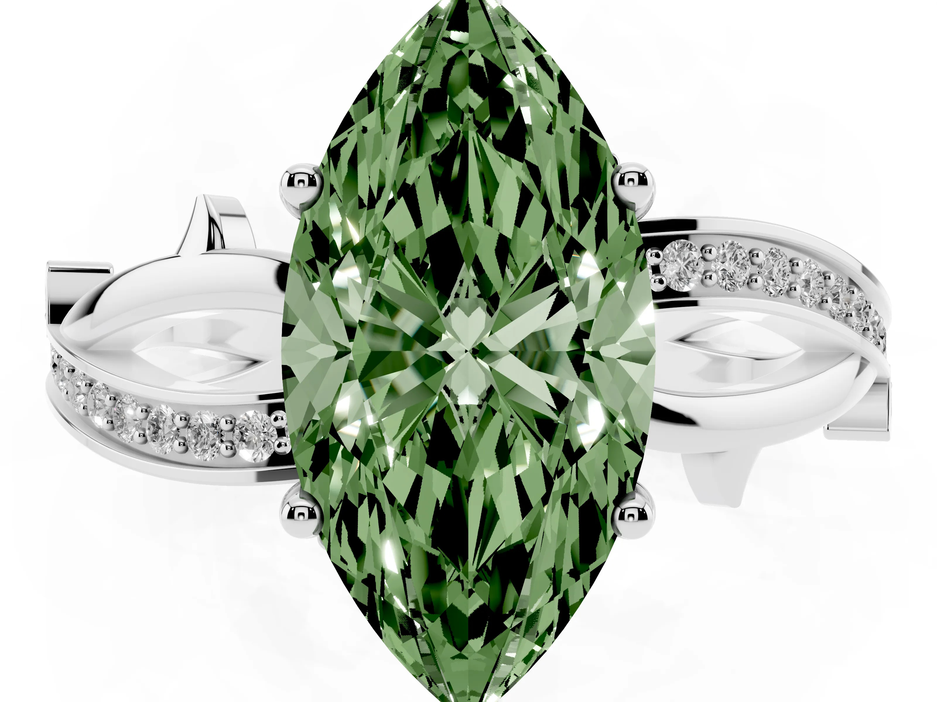 Fancy Green Marquise Cut Diamond Pavé Twist Band Solitaire Ring Set in Silver with Prong Setting