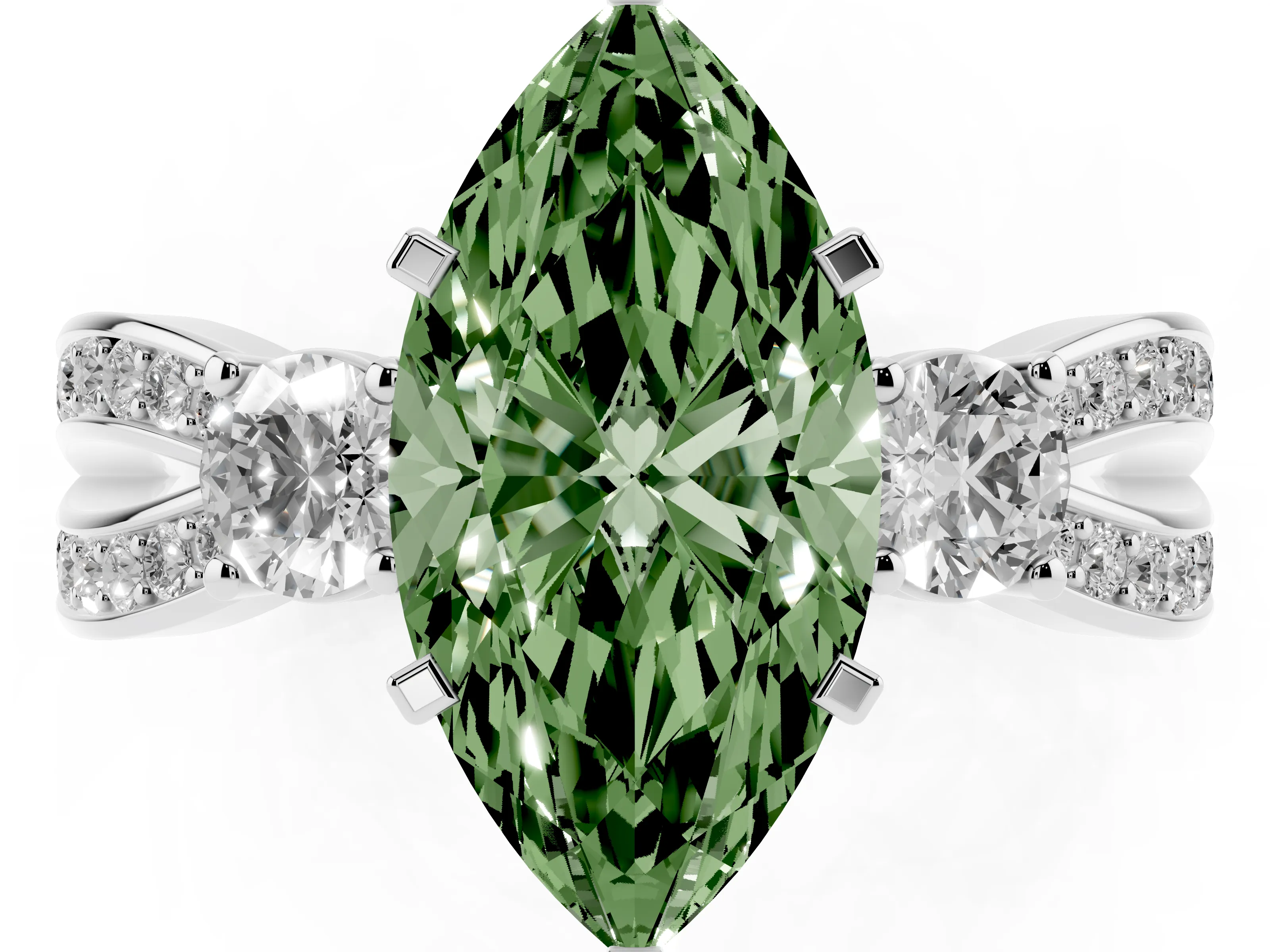 Fancy Green Three-Stone Marquise Cut Diamond Twist Band Ring Set in Silver with Pavé Accents and Prong Setting