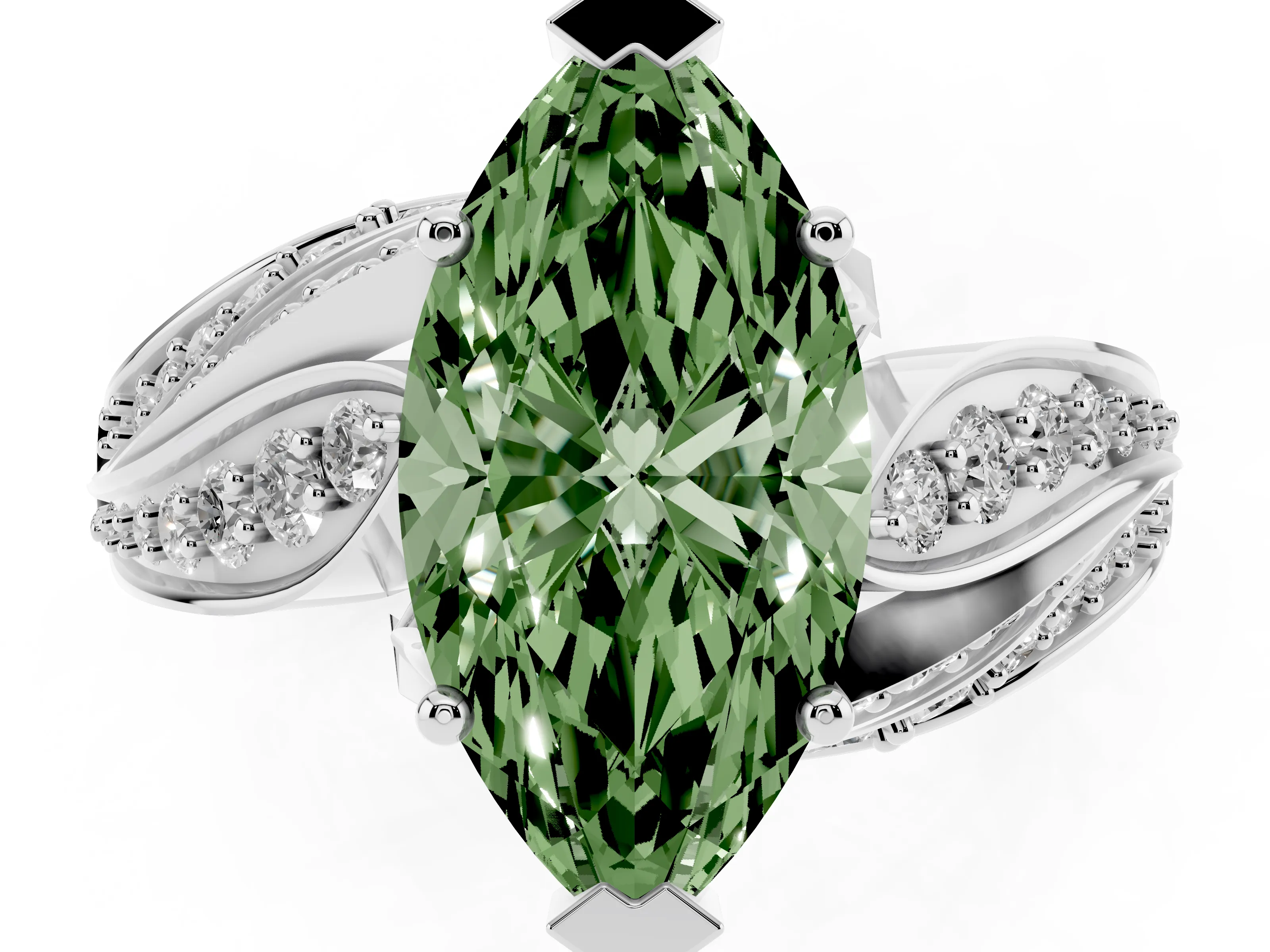 Fancy Green Marquise Cut Diamond Solitaire Ring Set in Platinum with Layered Twist Pavé Band