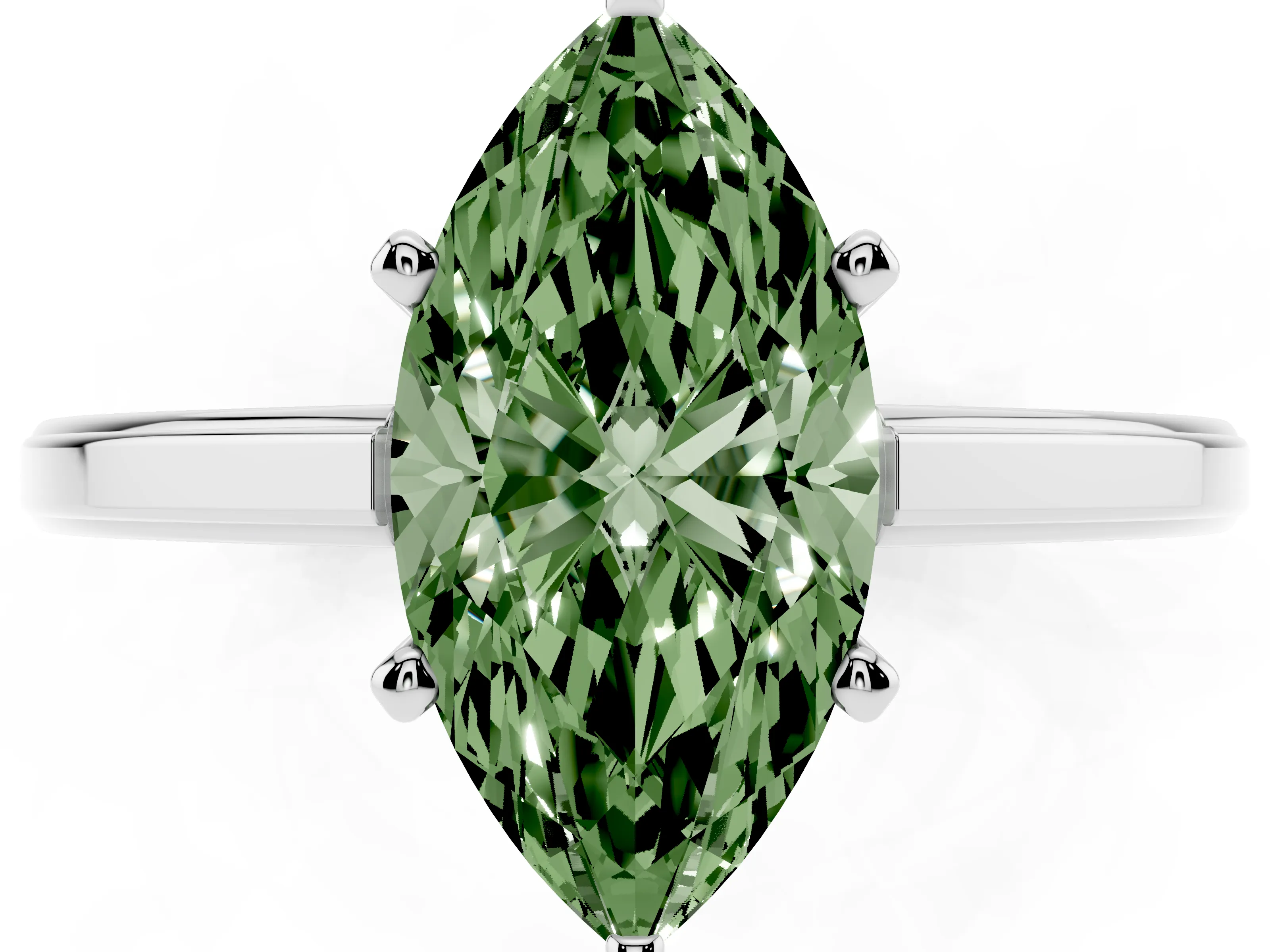 Fancy Green Marquise Cut Diamond Solitaire Ring Set in Platinum with Prong Setting and Classic Band