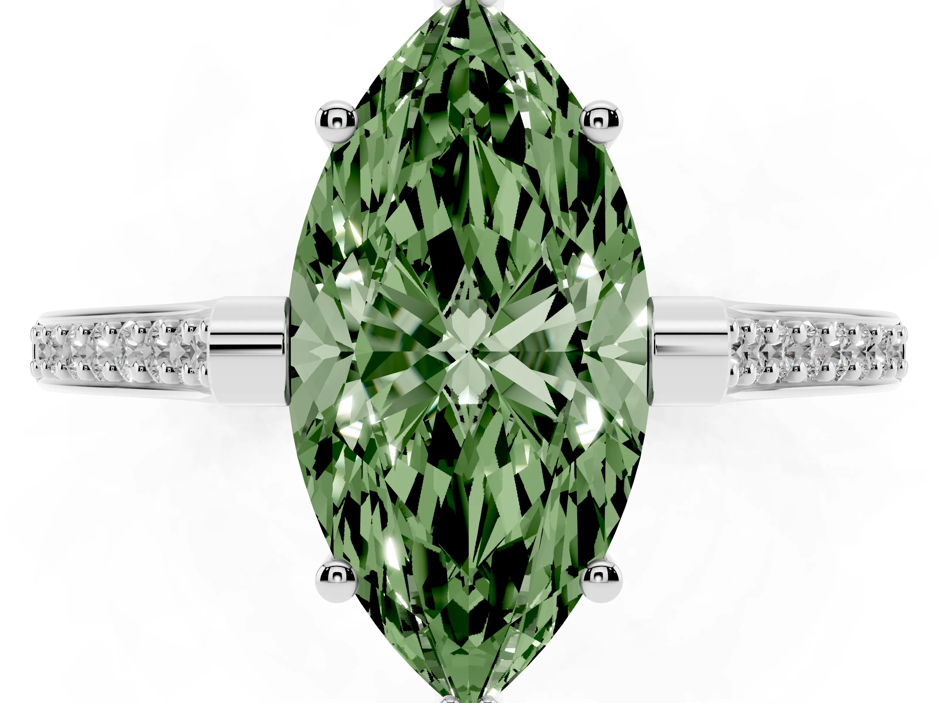 Fancy Green Marquise Cut Diamond Solitaire Ring Set in Silver with Channel Set Band and Bezel Prong Setting