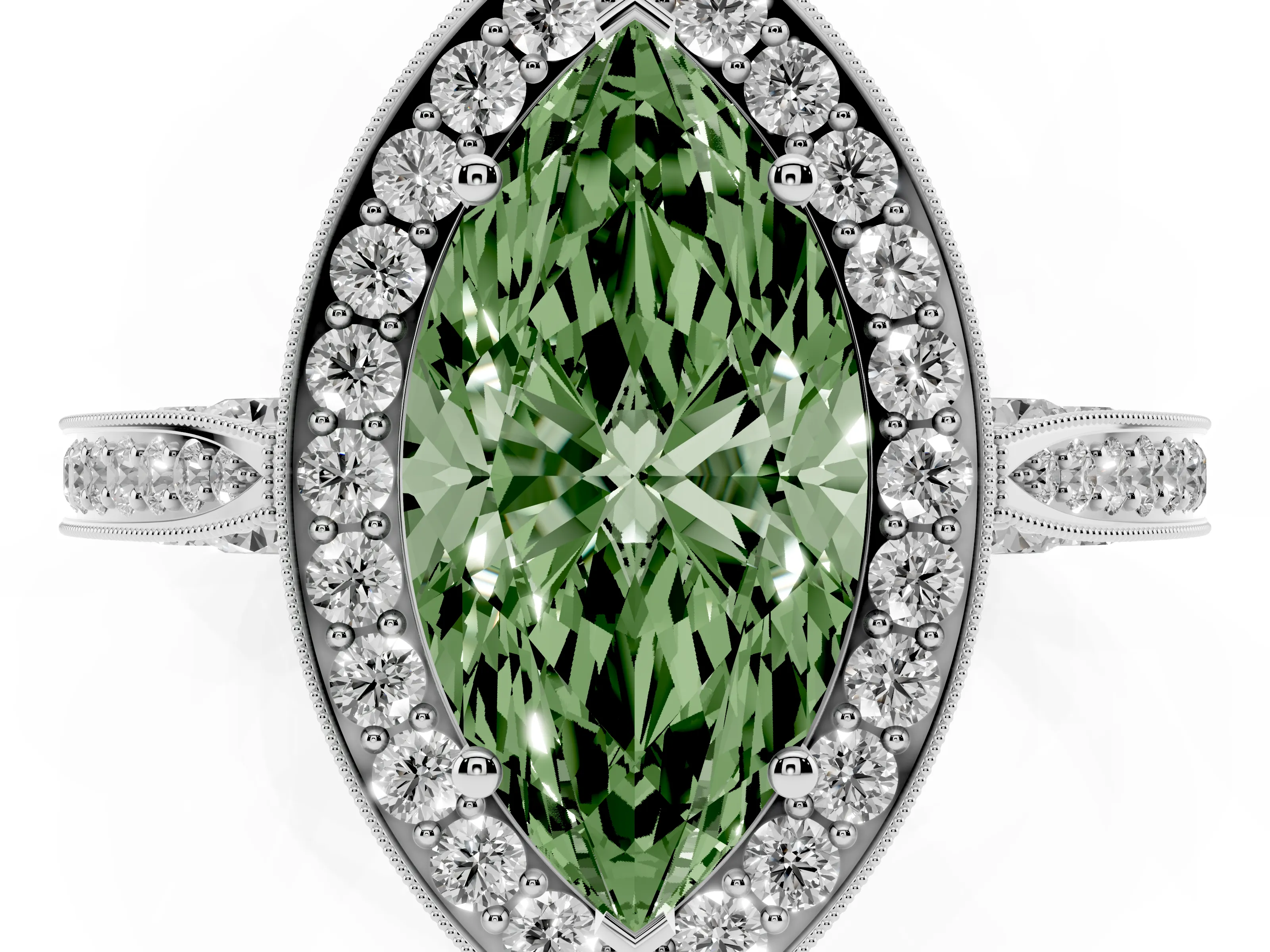 Fancy Green Marquise Cut Diamond Halo Engagement Ring Set in Silver with Accent Split Shank Band