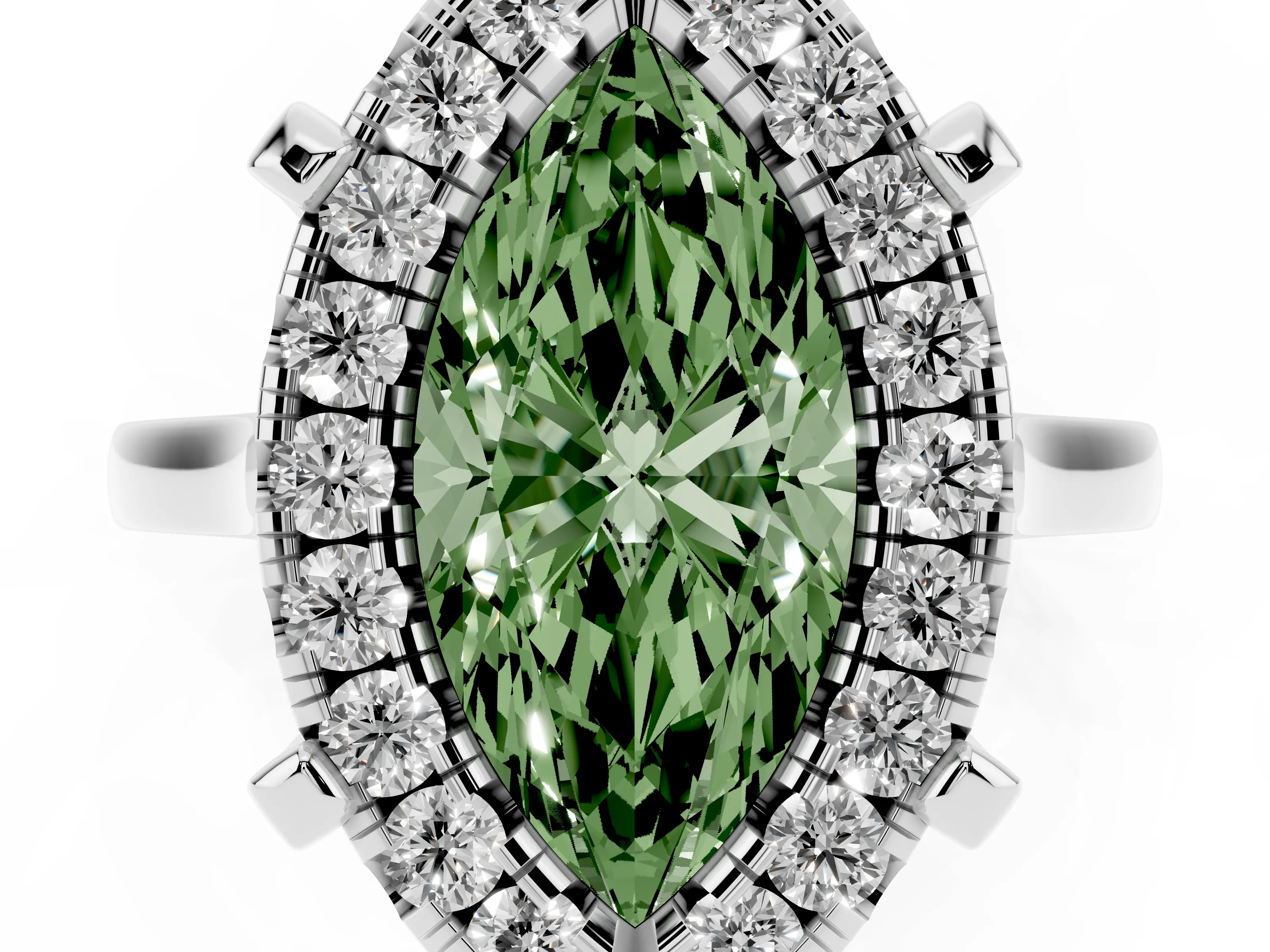 Fancy Green Marquise Cut Diamond Cluster Halo Solitaire Ring Set in Platinum with Prong Setting