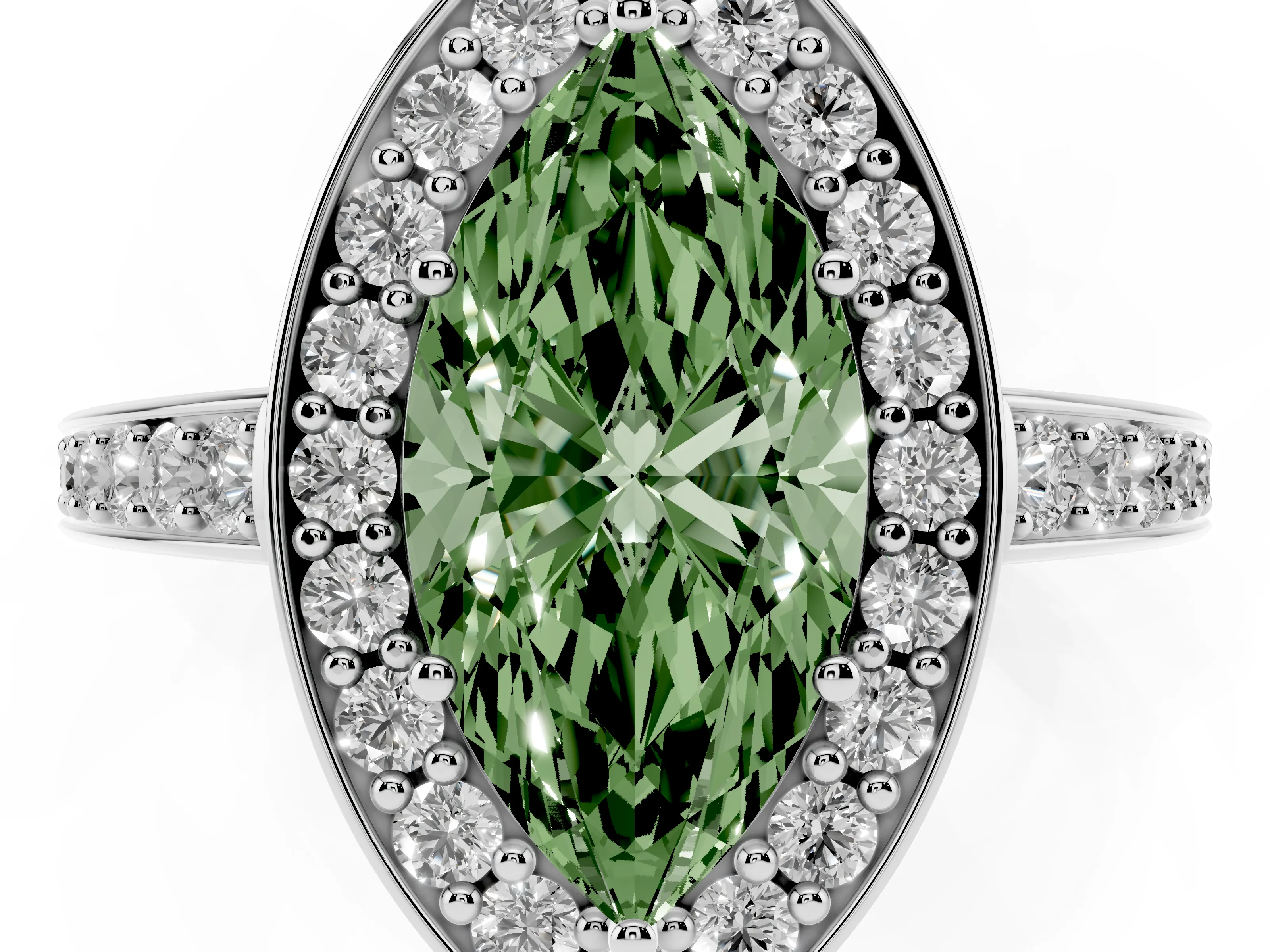 Fancy Green Marquise Cut Diamond Halo Pavé Engagement Ring Set in White gold with Bezel Setting