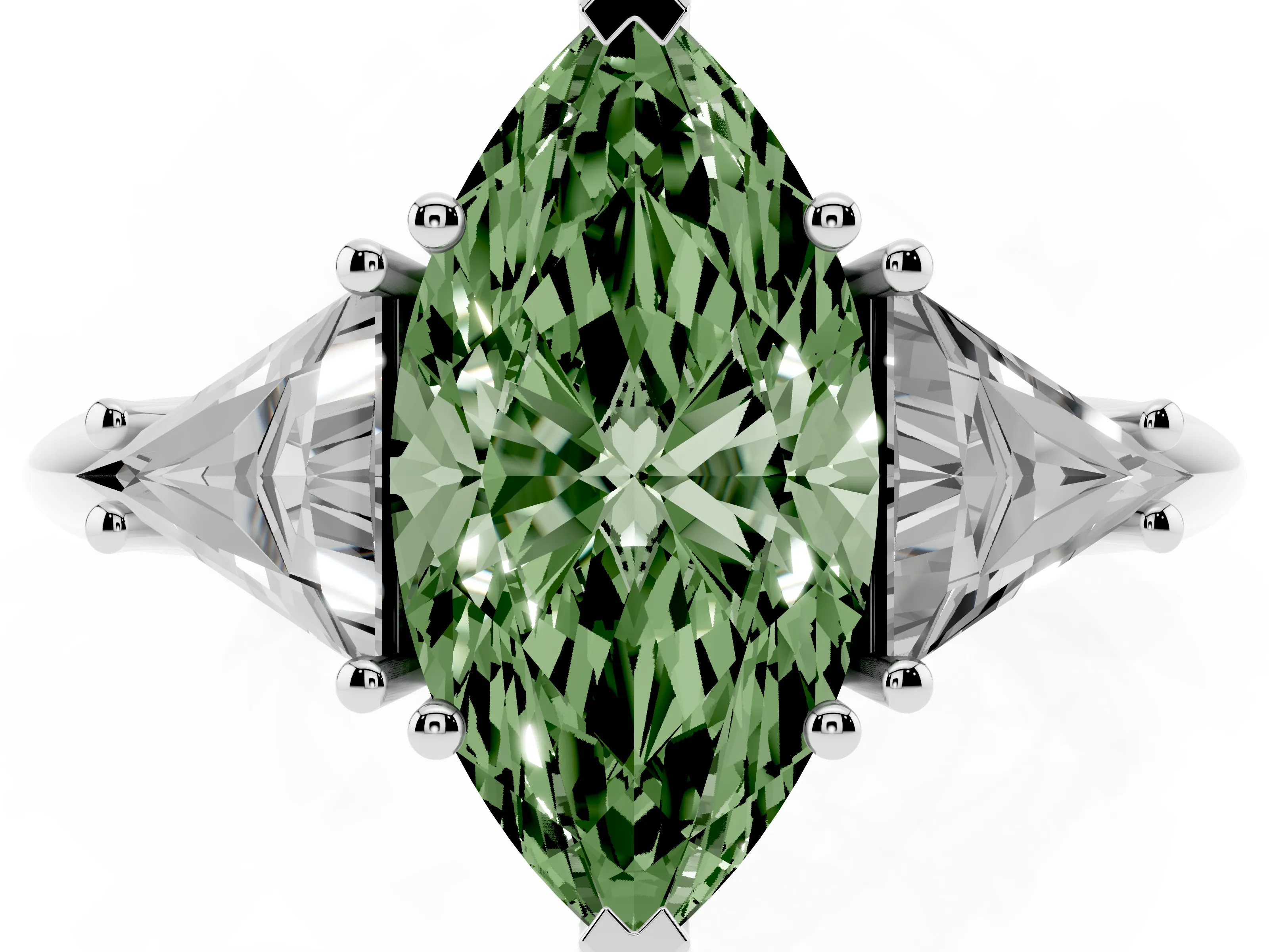 Fancy Green Marquise Cut Diamond Three-Stone Engagement Ring Set in Silver with Trillion Side Stones