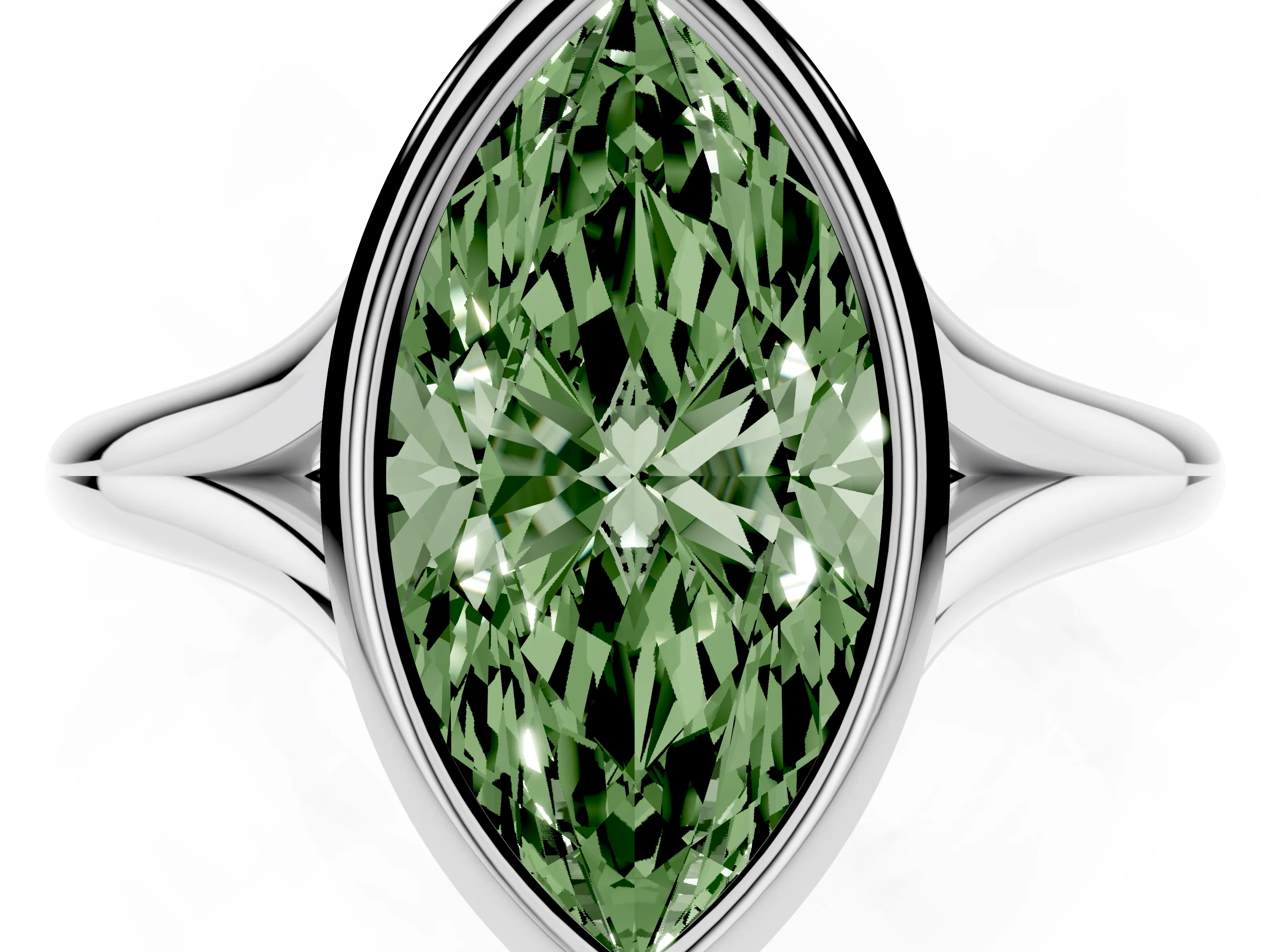 Fancy Green Bezel Set Marquise Cut Diamond Solitaire Ring Set in Silver with Tapered Band