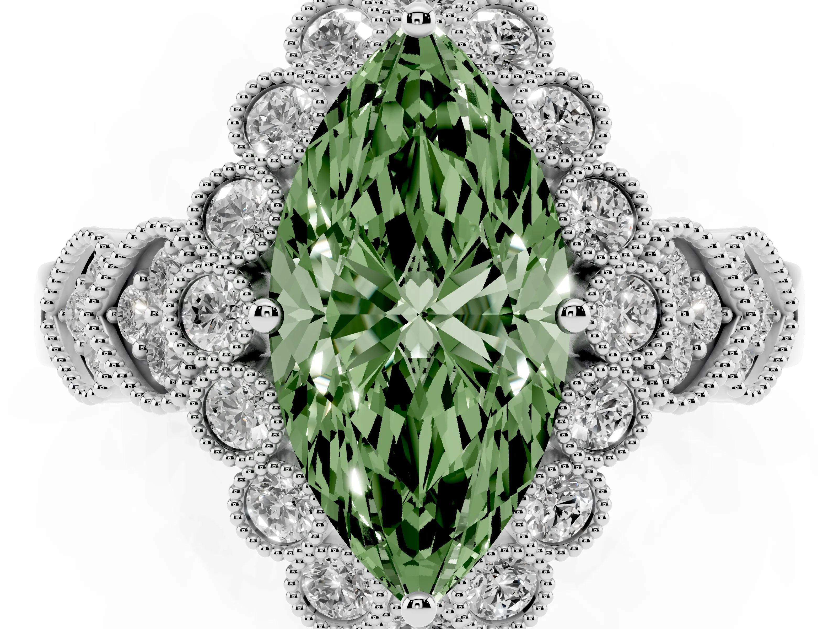 Fancy Green Marquise Cut Diamond Solitaire Ring Set in Platinum with Milgrain Pavé Heart Band