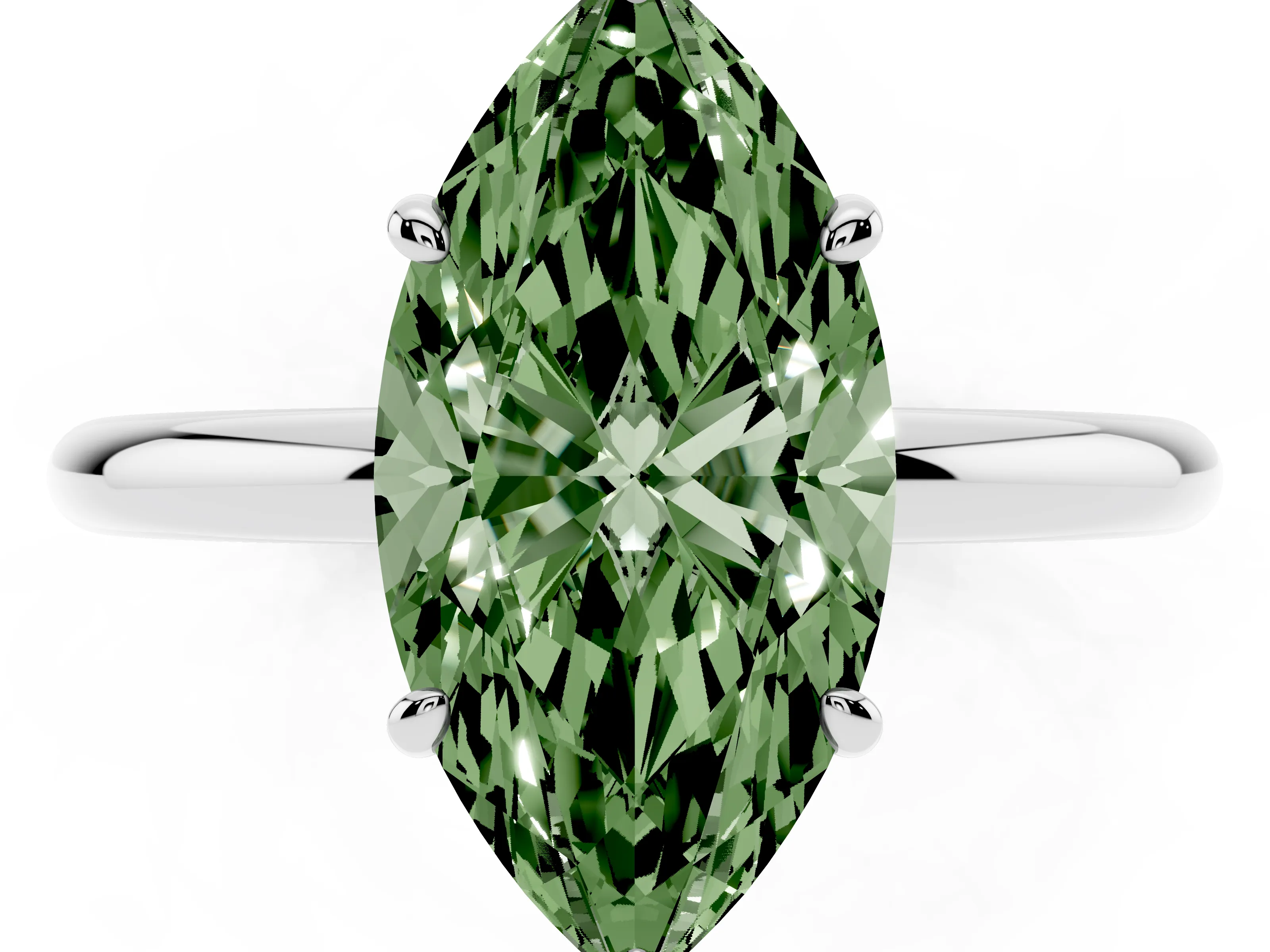 Fancy Green Marquise Cut Diamond Solitaire Ring Set in Platinum with Prong Setting on a Polished Plain Band