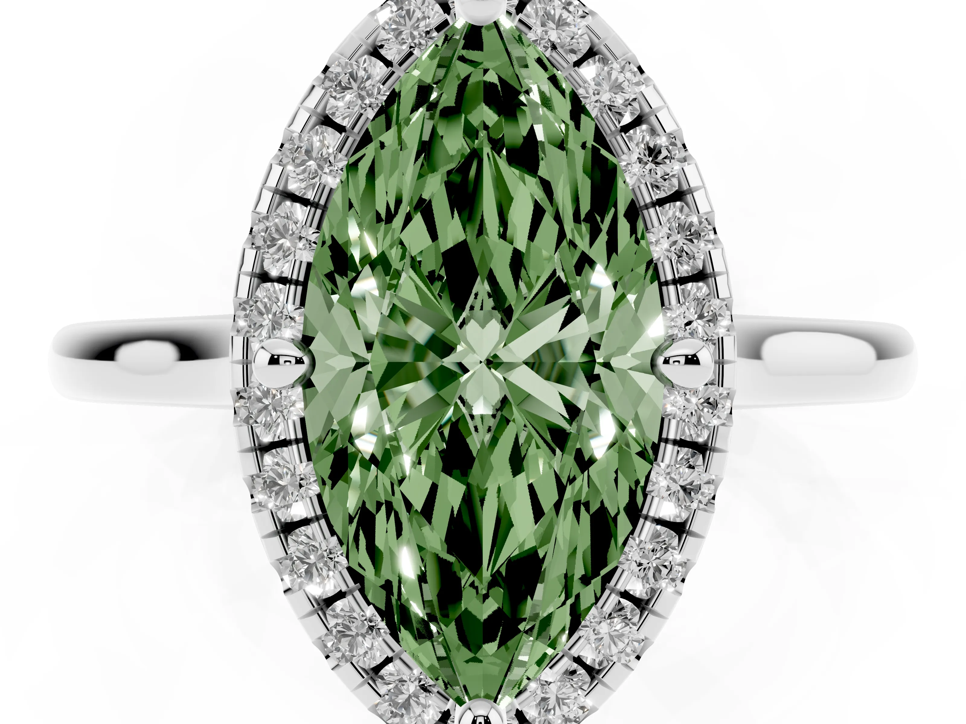 Fancy Green Marquise Cut Diamond Halo Engagement Ring Set in Platinum with Pavé Band and Rising Shoulders