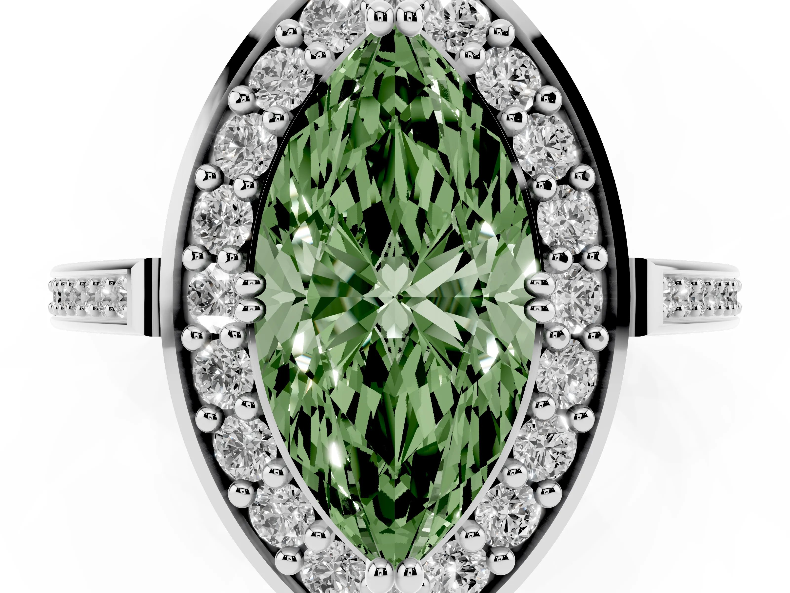 Fancy Green Marquise Cut Diamond Halo Ring Set in White gold with Accent-Lined Split Shank and Prong Setting